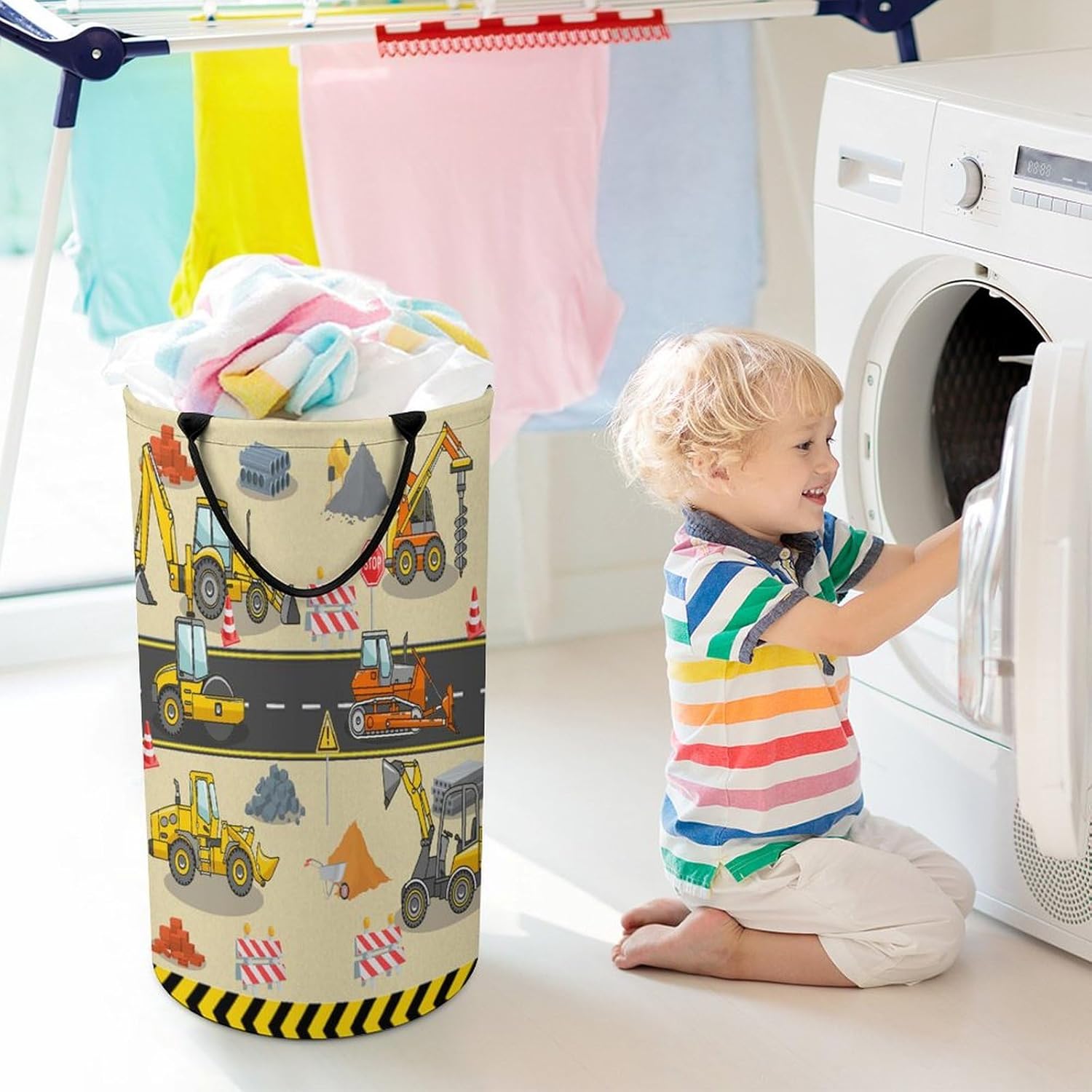 Modern Cartoon Construction Truck Laundry Basket Large Volume,Abstract City Engineering Machine Excavator Bulldozer Prints Dirty Clothes Basket Hampers Storage for Dorm And Family 15.7W