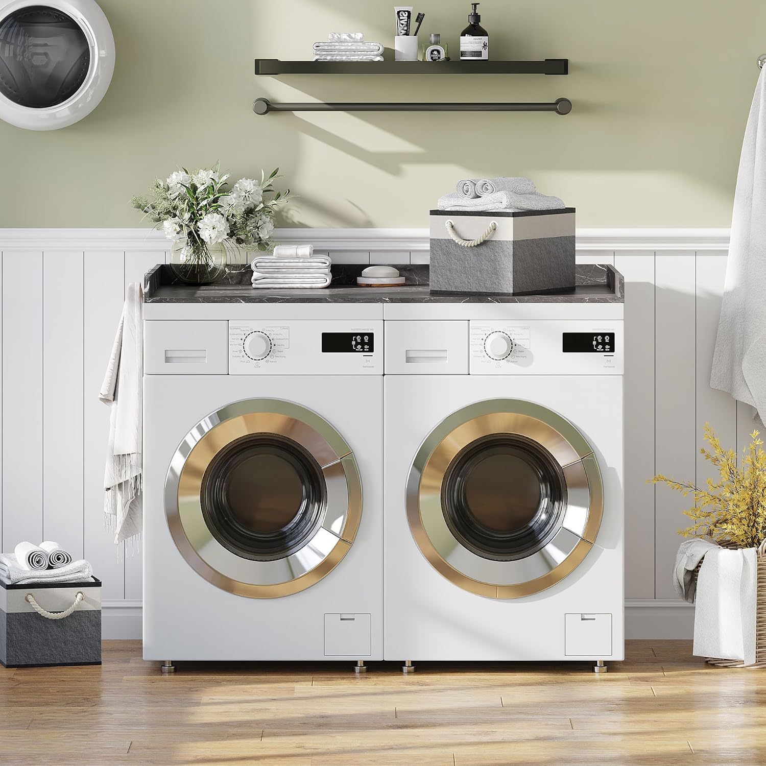 Washer Dryer Countertop – 54 x 27.6 Non-Slip Laundry Topper for Front-Load Washers & Dryers | Metal Hooks & Edge Rails | Includes 2 Storage Baskets for Organization