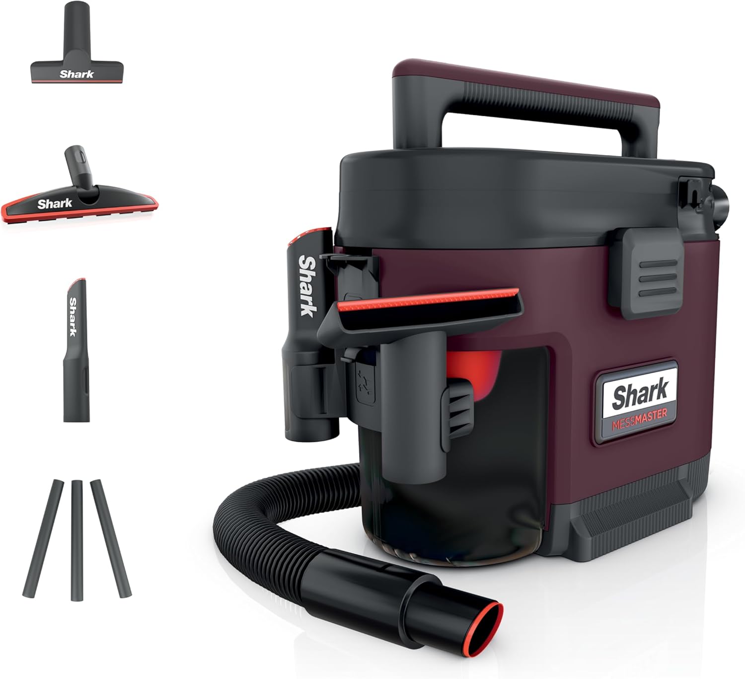 Shark MessMaster Portable Wet Dry Vacuum, 1 Gallon Capacity, True Grip Accessory Suite, Corded, Perfect for Pets & Cars, Ultra-Powerful Suction for Tough Wet & Dry Messes, Burgundy, UV105