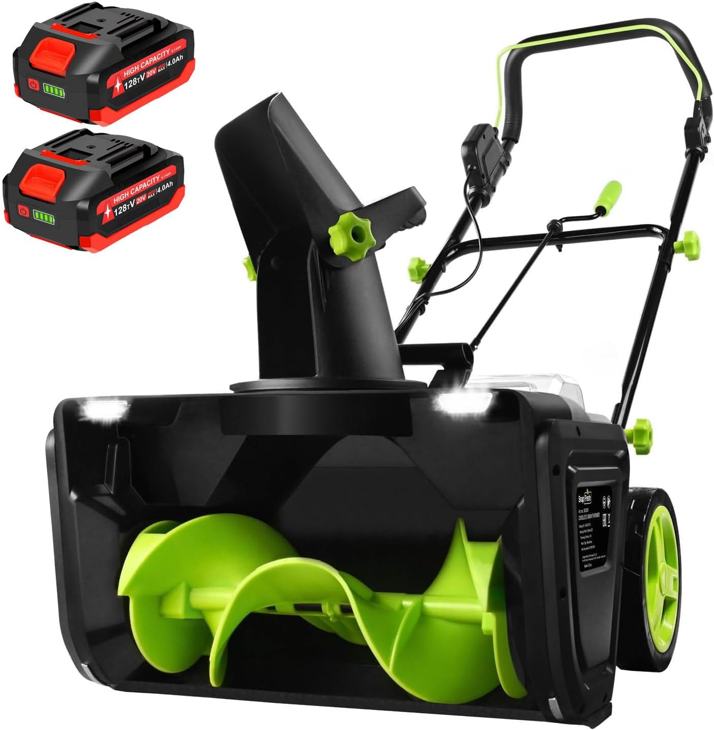 40V Cordless Snow Blower, 20-Inch Brushless Electric Snow Thrower with 2×4000mAh Batteries, 180° Adjustable Chute, Dual LED Lights for Driveways/Sidewalks