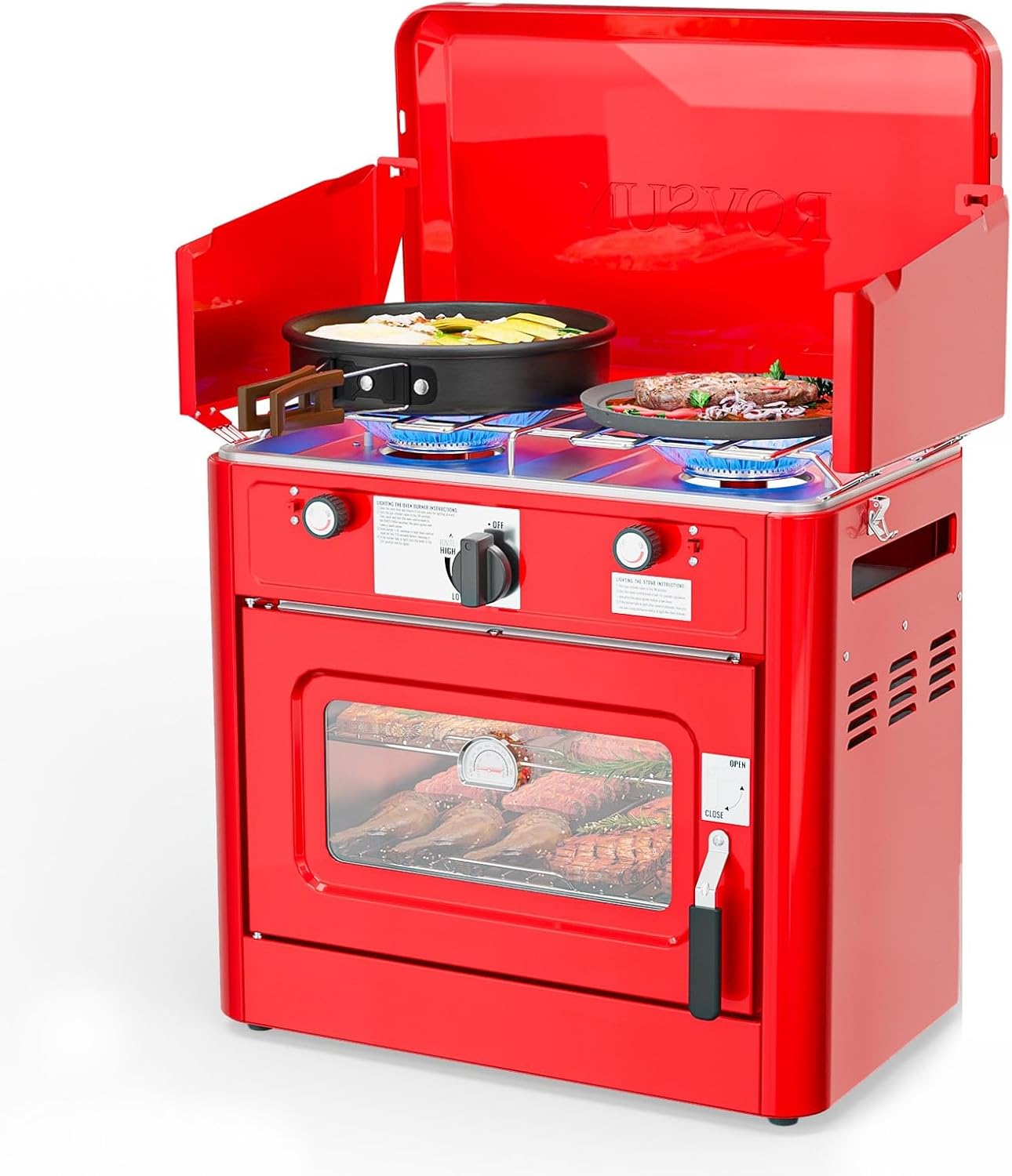 ROVSUN 2-in-1 Camping Stove with Propane Oven, Portable 2 Burner Stove & Outdoor Oven Combo with Auto-ignition & Thermometer for Camping Backyard Picnic