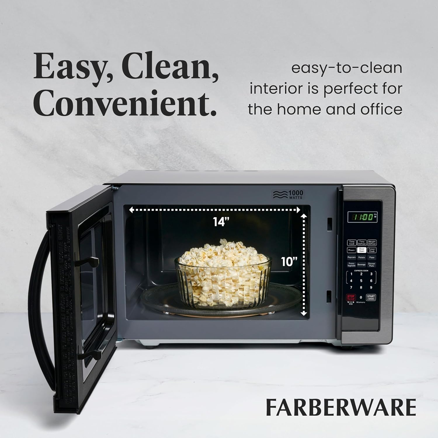 Farberware 1.1 Cu. Ft. Countertop Microwave Oven – 1000 Watts Power, Auto Cook Settings, Defrost, Easy Clean and Child Safety Lock - Stainless and Black