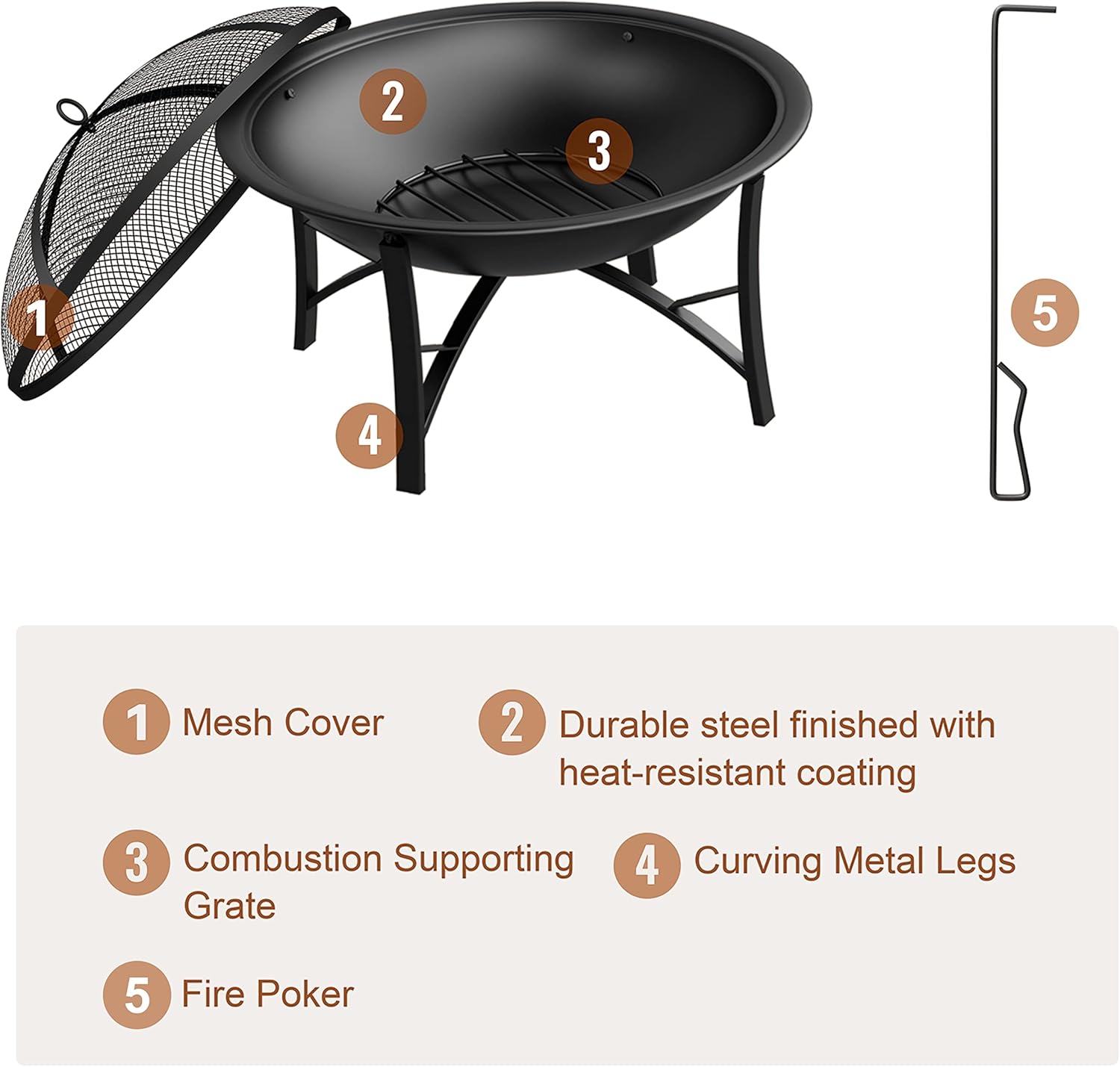 Fire Beauty Fire Pit for Outside Wood Burning,BBQ Grill Steel Fire Bowl with Spark Screen Cover,Log Grate,Poker for Camping Beach Bonfire Picnic Backyard Garden