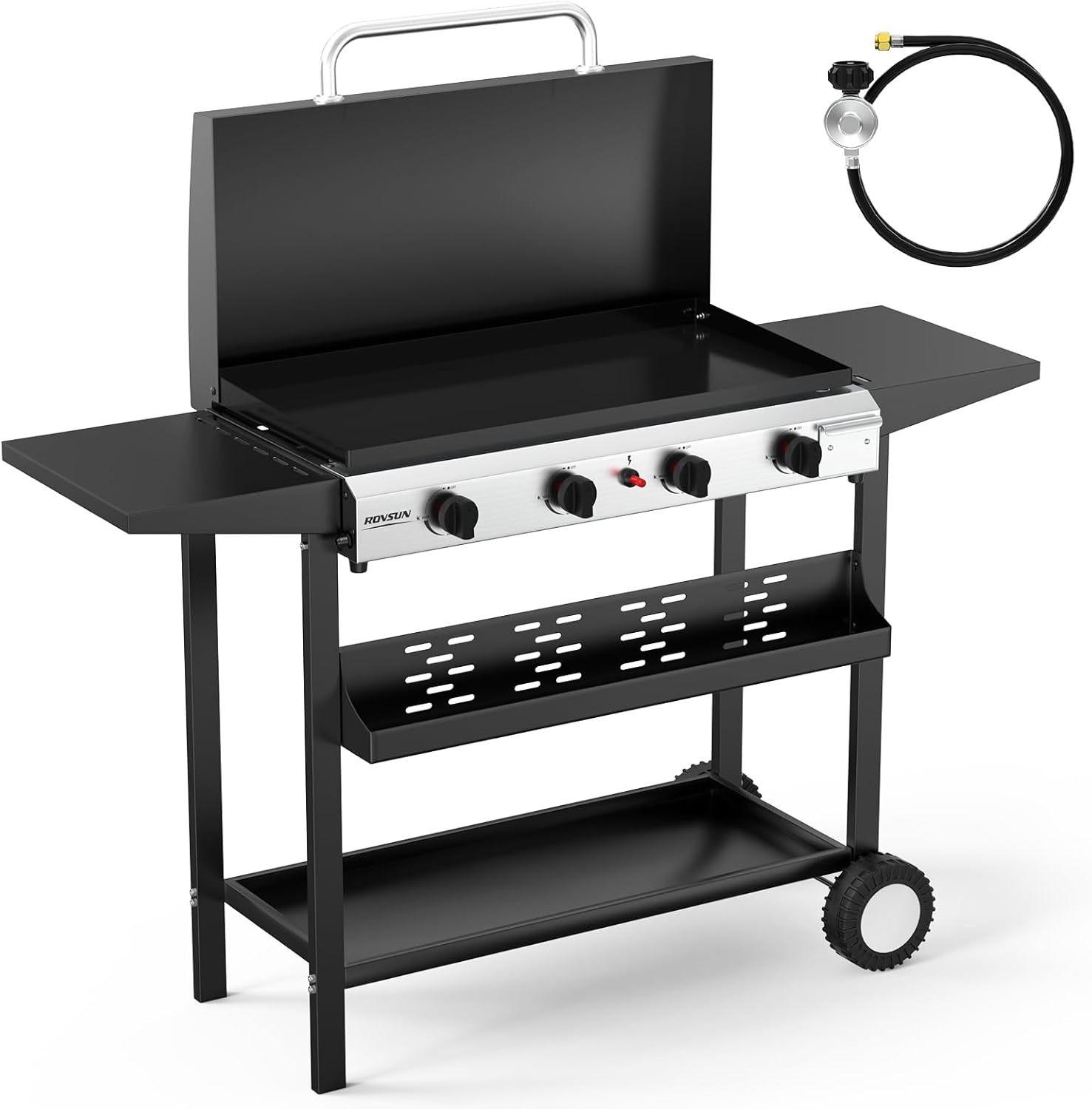 ROVSUN 4 Burner Portable Propane Griddle with Electronic Ignition, 40000 BTU Rolling Flat Top Gas Grill with Enameled Tray & Lid, Side Shelves & Regulator for Outdoor Cooking Camping BBQ Tailgating