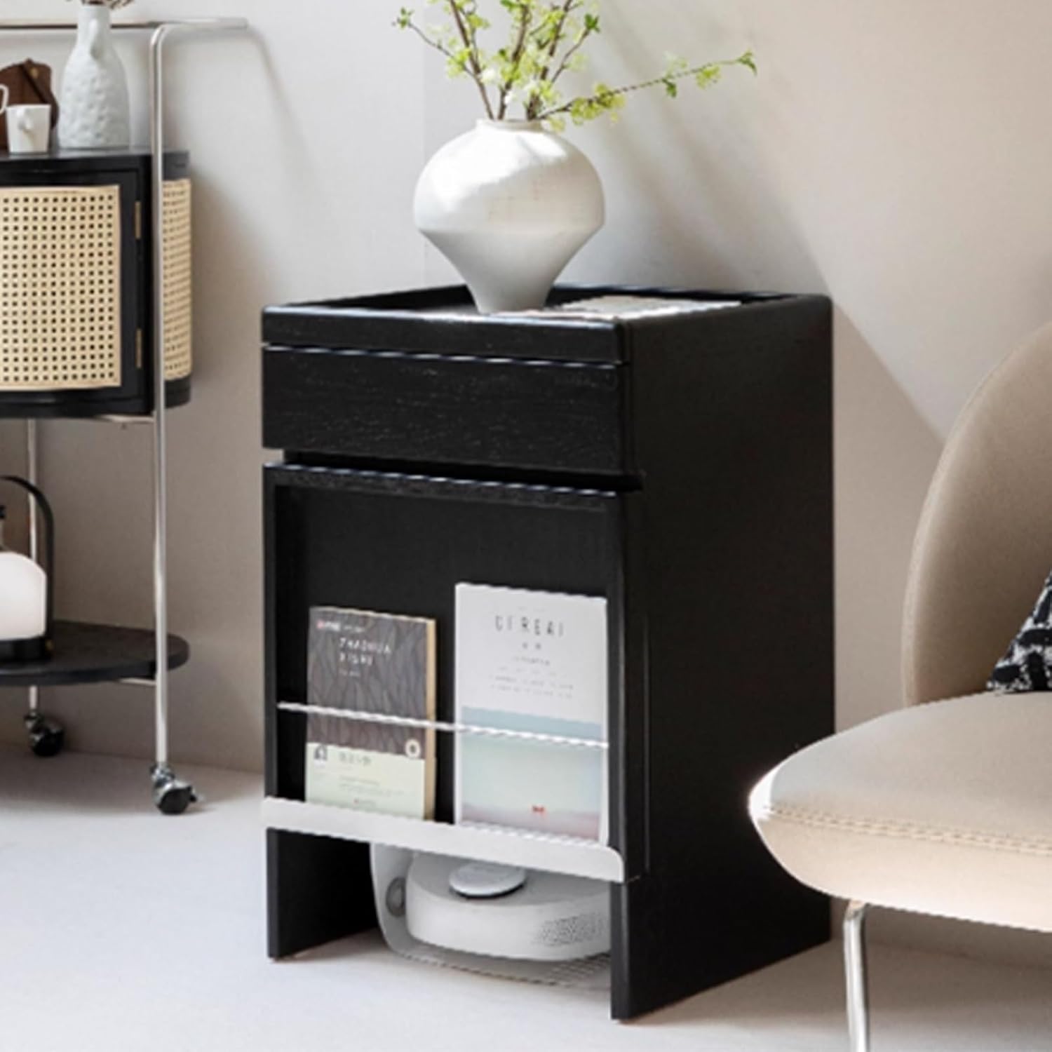 Storage Cabinet With Doors And Drawers For Robot Vacuum Cleaner,Wood Accent End Side Table For Living Room, Home Office(Yellow)