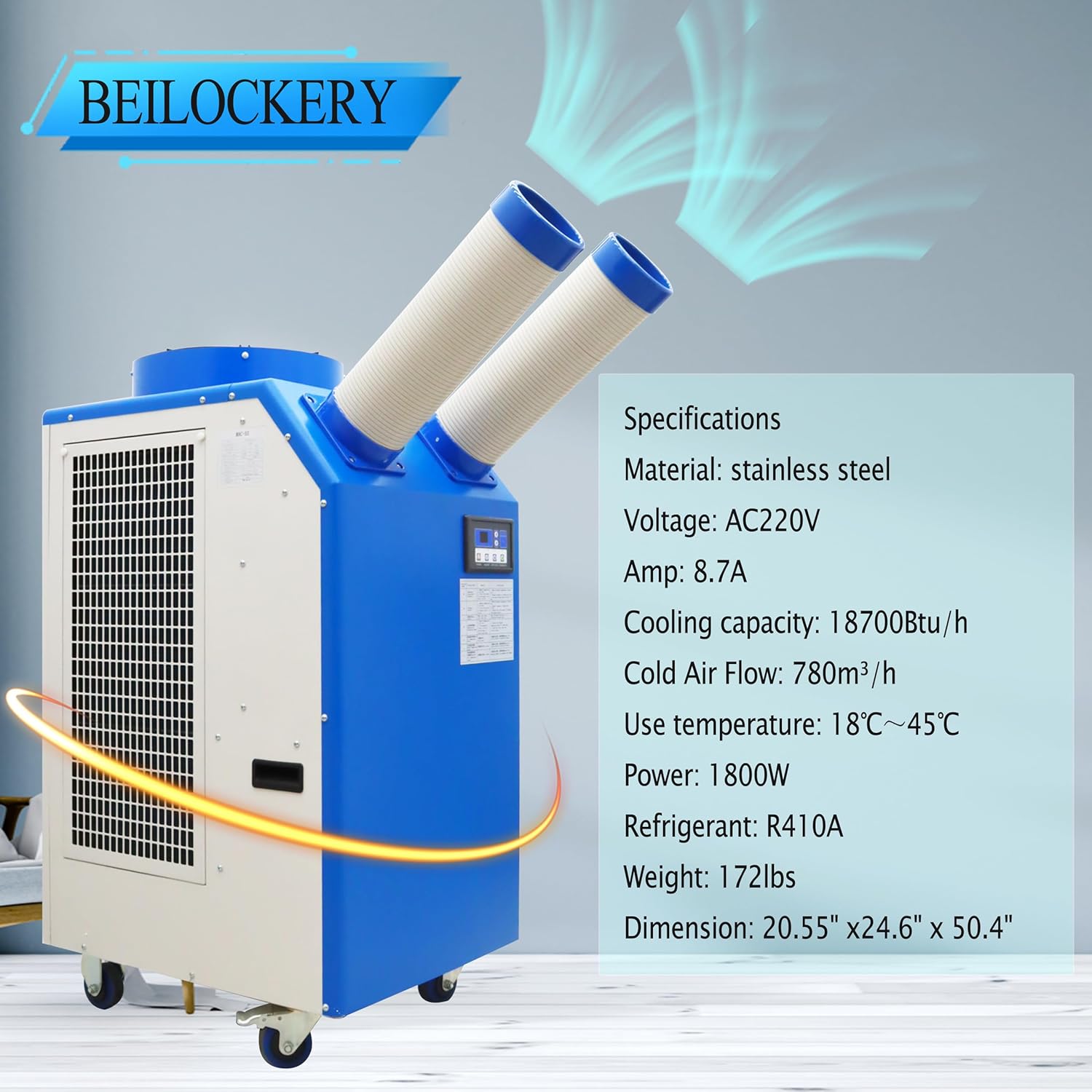 Industrial Portable Air Conditioner with Wheels 14L Large Tank Commercial Spot Cooler Adjustable Air Outlet Ideal for Hospitals Workshops Outdoor Events 220V 1.8KW