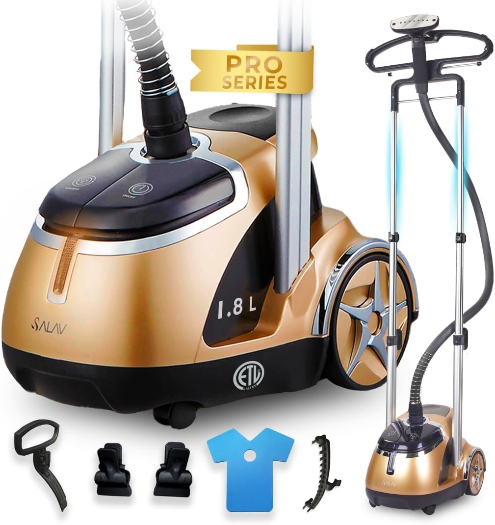 SALAV® Professional Standing Garment Steamer with Retractable Power Cord, Foot Pedal Control, Wheels for Easier Movement (Gold)