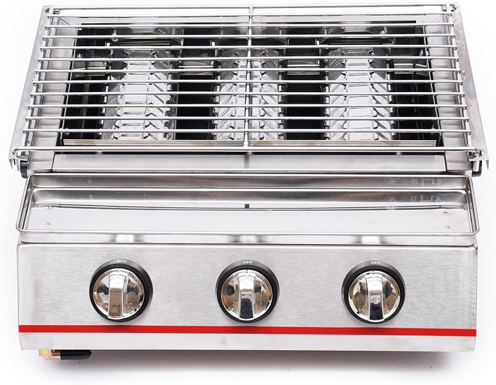 3-Burner BBQ Gas Grill, 2800Pa Stainless Steel Portable Grill Outdoor/Indoor Smokeless Cooking Steak Grill Commercial Countertop Infrared Cooker for Garden Camping