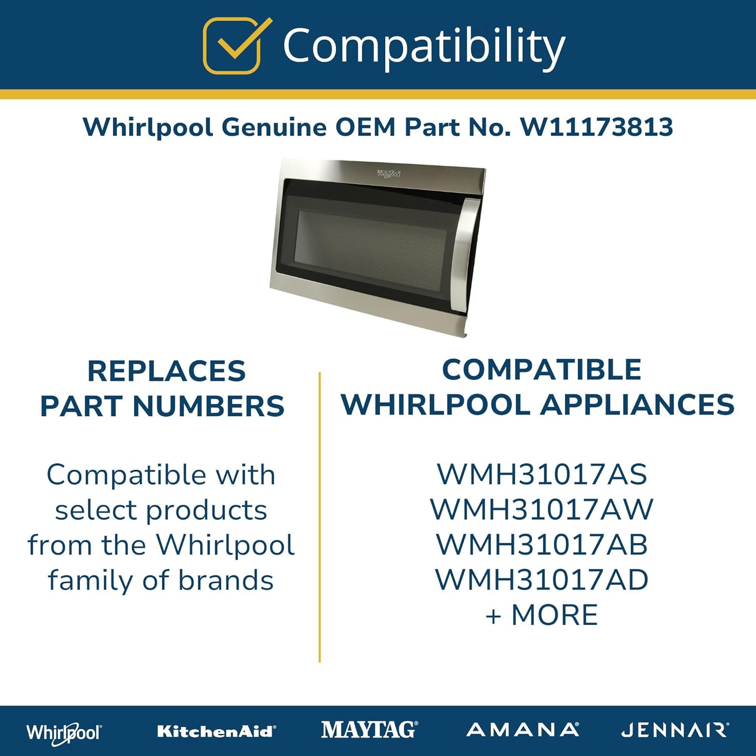 Whirlpool W11173813 Genuine OEM Microwave Door Assembly Replacement Part - Replaces