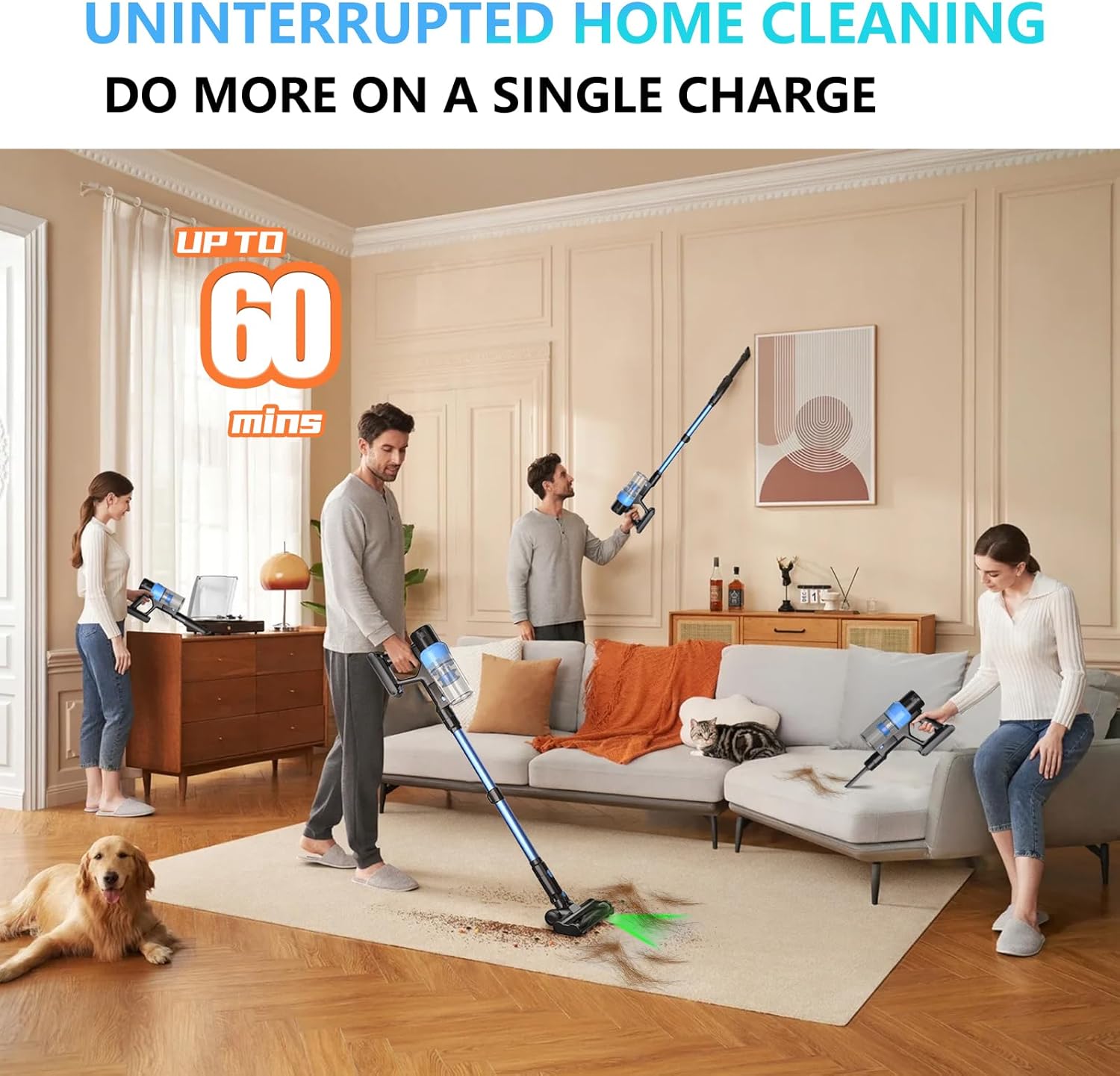 Cordless Vacuum Cleaner, Max 580W 55kPa 60mins Powerful Lightweight Rechargeable Stick Vacuum With Anti Tangle, Green Light, Self-Standing Vacuum Cleaners For Home, Hardwood Floor, Pet Hair, Carpet