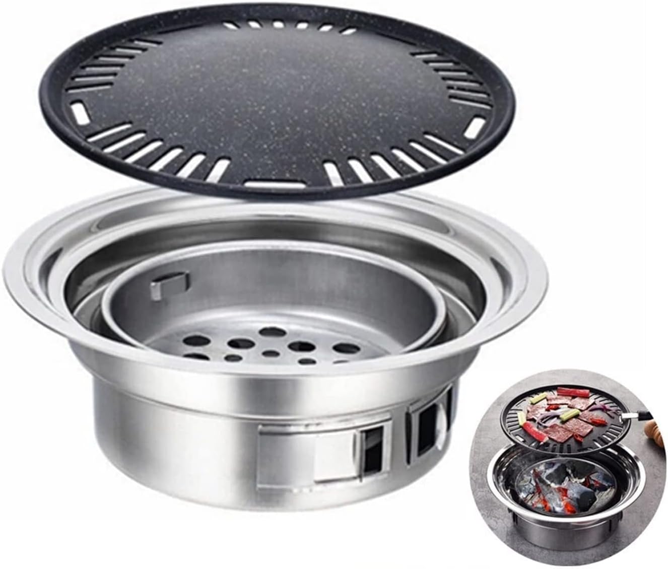 Charcoal grills Stainless Steel Charcoal Barbecue Grill Round Non-stick Barbecue Grills Portable Charcoal Grill For Outdoor Camping BBQ (35cm Spis Med N?t A)