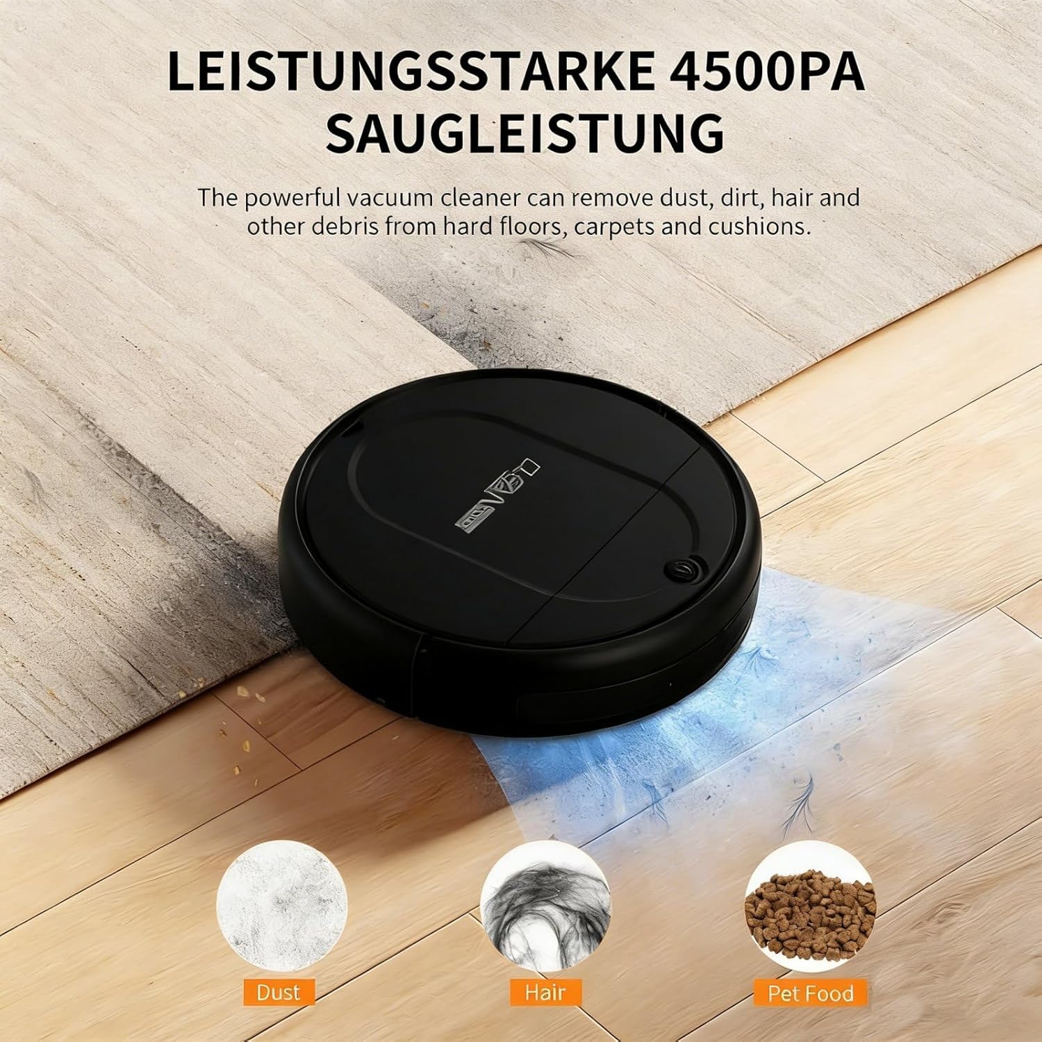3-in-1 Robot Vacuum and Mop | 4500Pa Strong Suction, Anti-Tangle, 120 Mins Runtime, Ultra-Thin, Low Noise, Smart Navigation, Multiple Cleaning Modes, Ideal for Pet Hair and Hard Floors (Black)