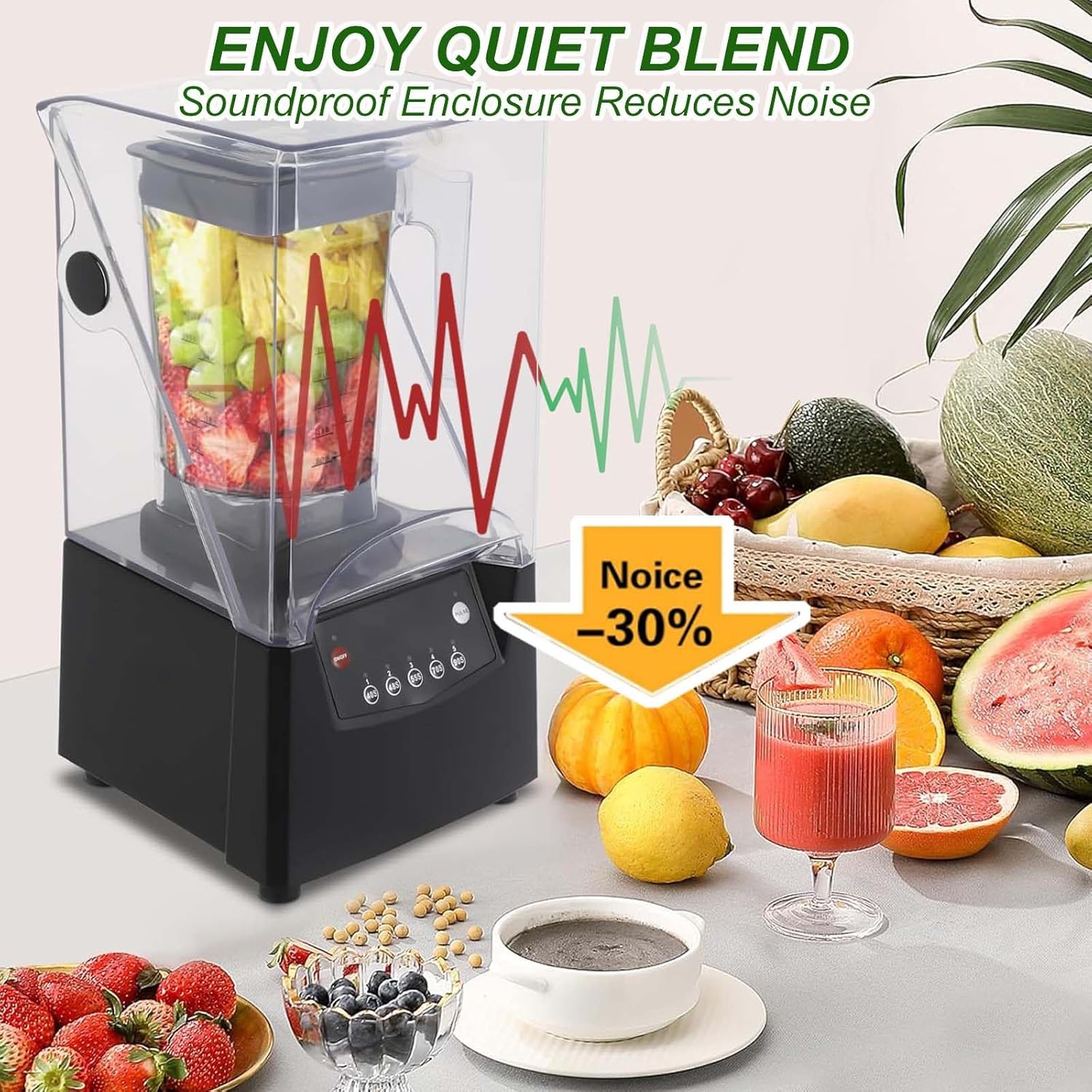 2L Commercial Electric Blender, 17000R/Min Soundproof Smoothie Machine, with Shield Quiet Sound Enclosure,for Make Smoothies