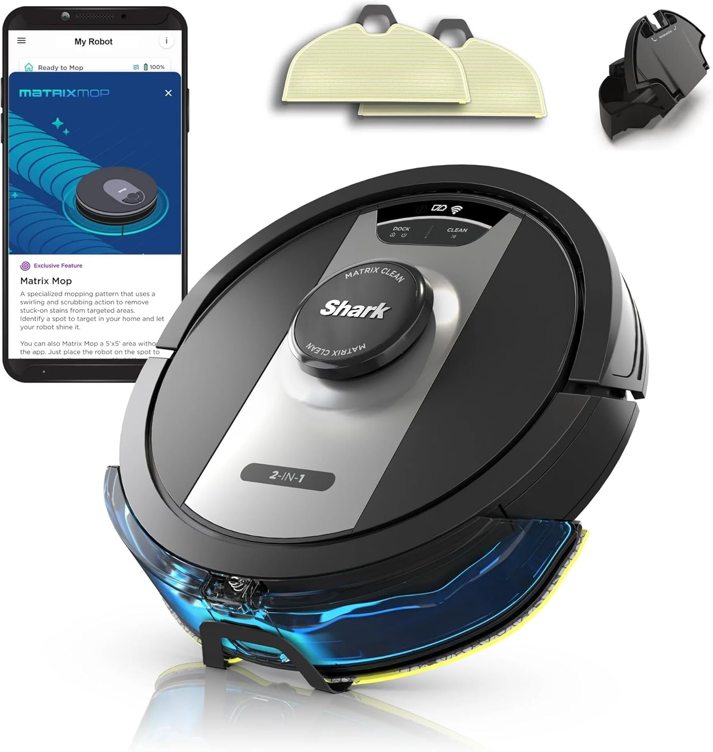 Shark RV2400WD IQ 2-in-1 Robot Vacuum & Mop with Matrix Clean & Sonic Mopping, Perfect for Pet Hair, Carpets, Hard Floors, Compatible with Alexa, Black/Silver, No Self-Empty Base (Renewed)