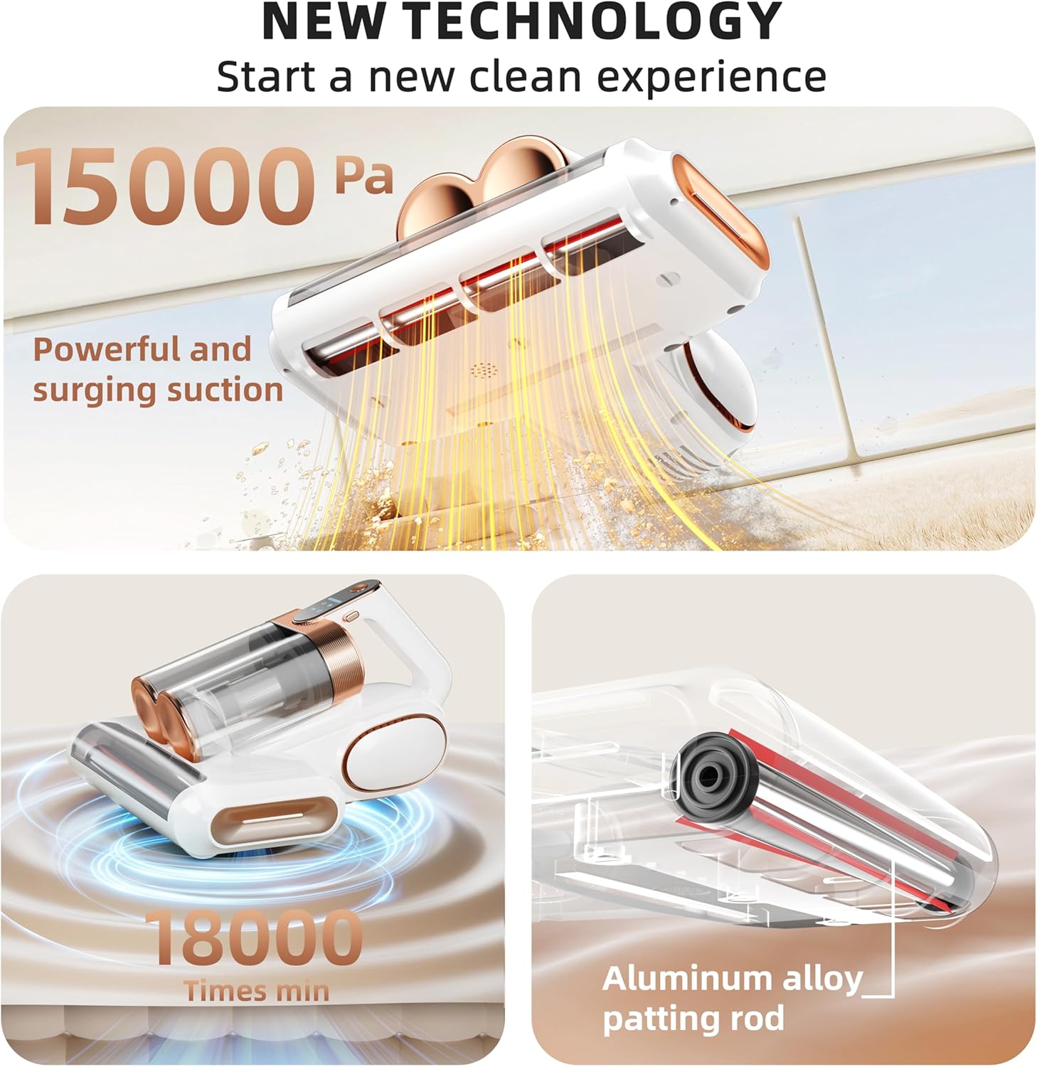 KANAD Cordless Mattress Vacuum Cleaner, 15Kpa Bed Vacuum Cleaner with 253.7nm UV-C Light, HEPA Filter & Ultrasonic, Versatile Handheld Vacuums for Bed, Sofa, Couch, Crib