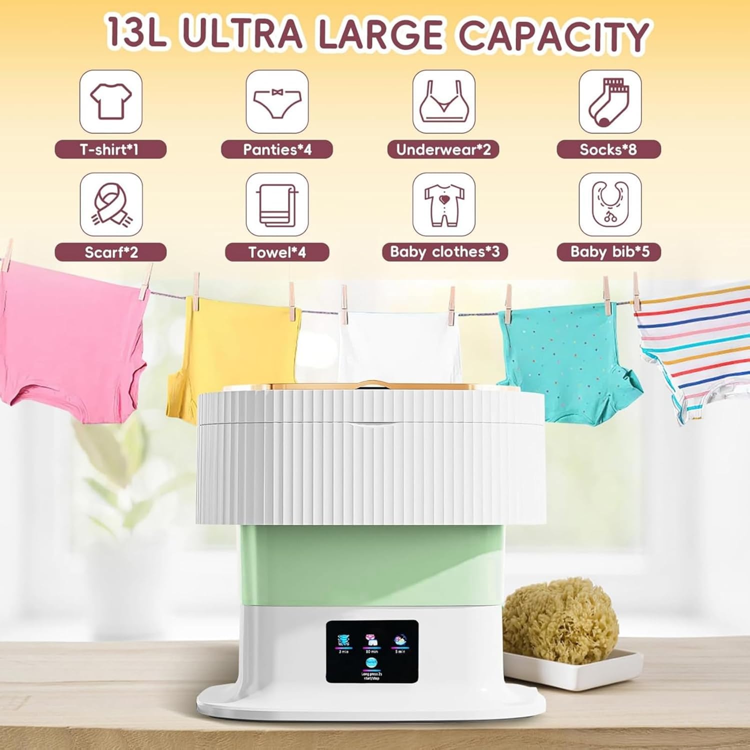 Portable Washing Machine 16L Mini Foldable Laundry with 3 Deep Cleaning Modes - Compact for Underwear