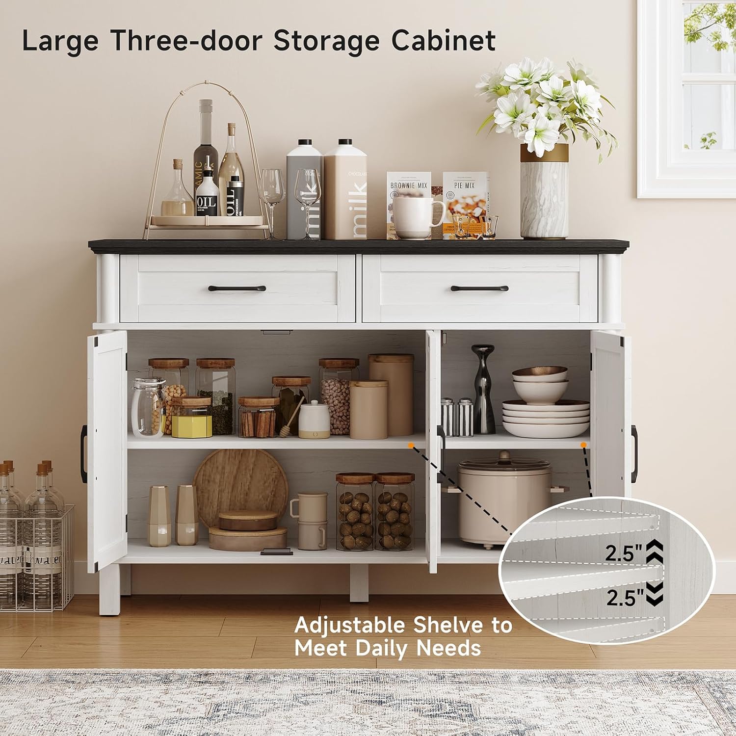 48 Inches Buffet Cabinet with Storage, Farmhouse Sideboard Buffet w/2 Drawers and 3 Doors, Wood Coffee Bar Cabinet with Adjustable Shelves, Sideboard Storage for Kitchen, Living Room, Off White&Black