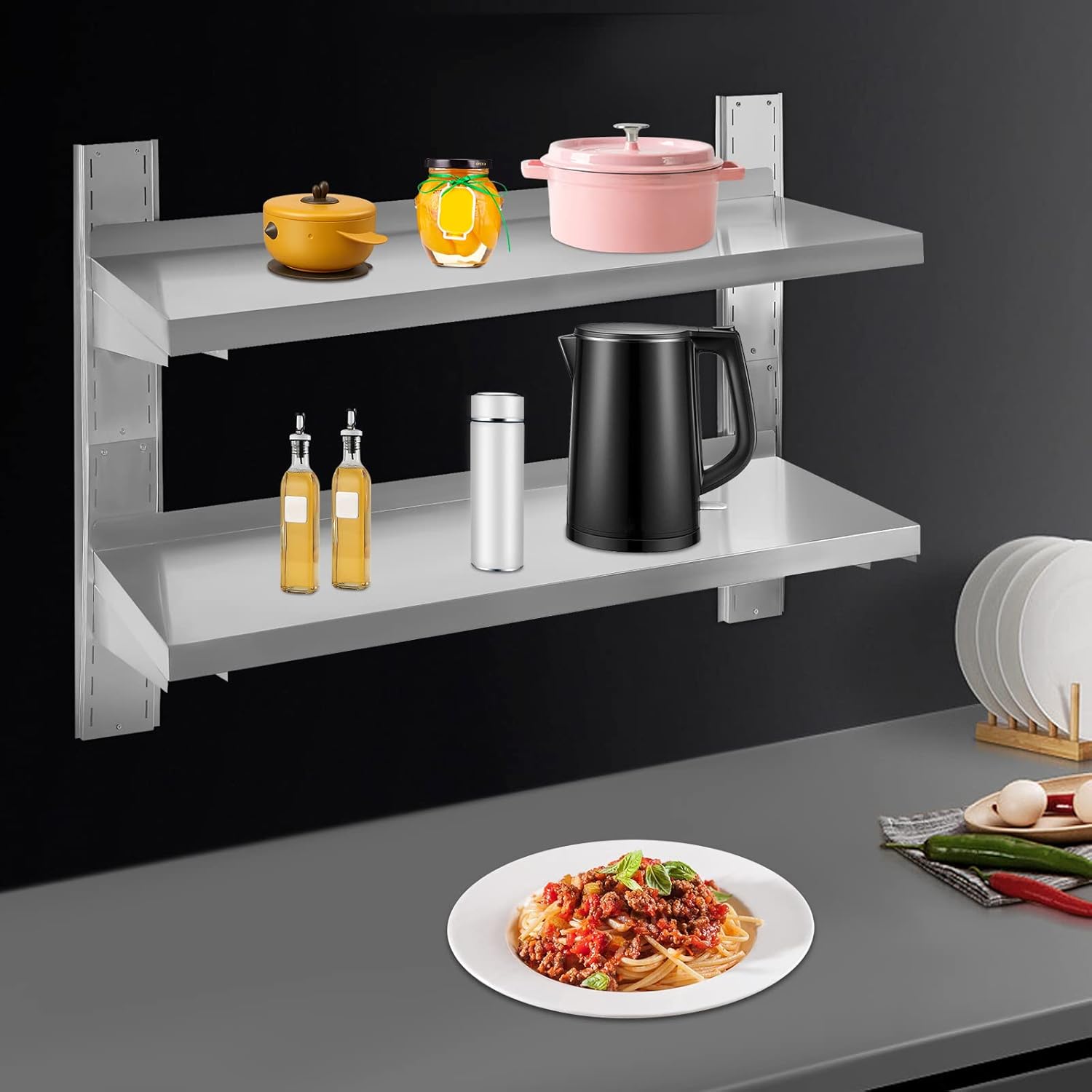 DYRABREST Double-Layer Stainless Steel Shelf, Commercial Wall Mount Floating Shelving for Restaurant,Bar,Home,Kitchen,Laundry,Garage and Utility Room， Industrial Appliance Equipment