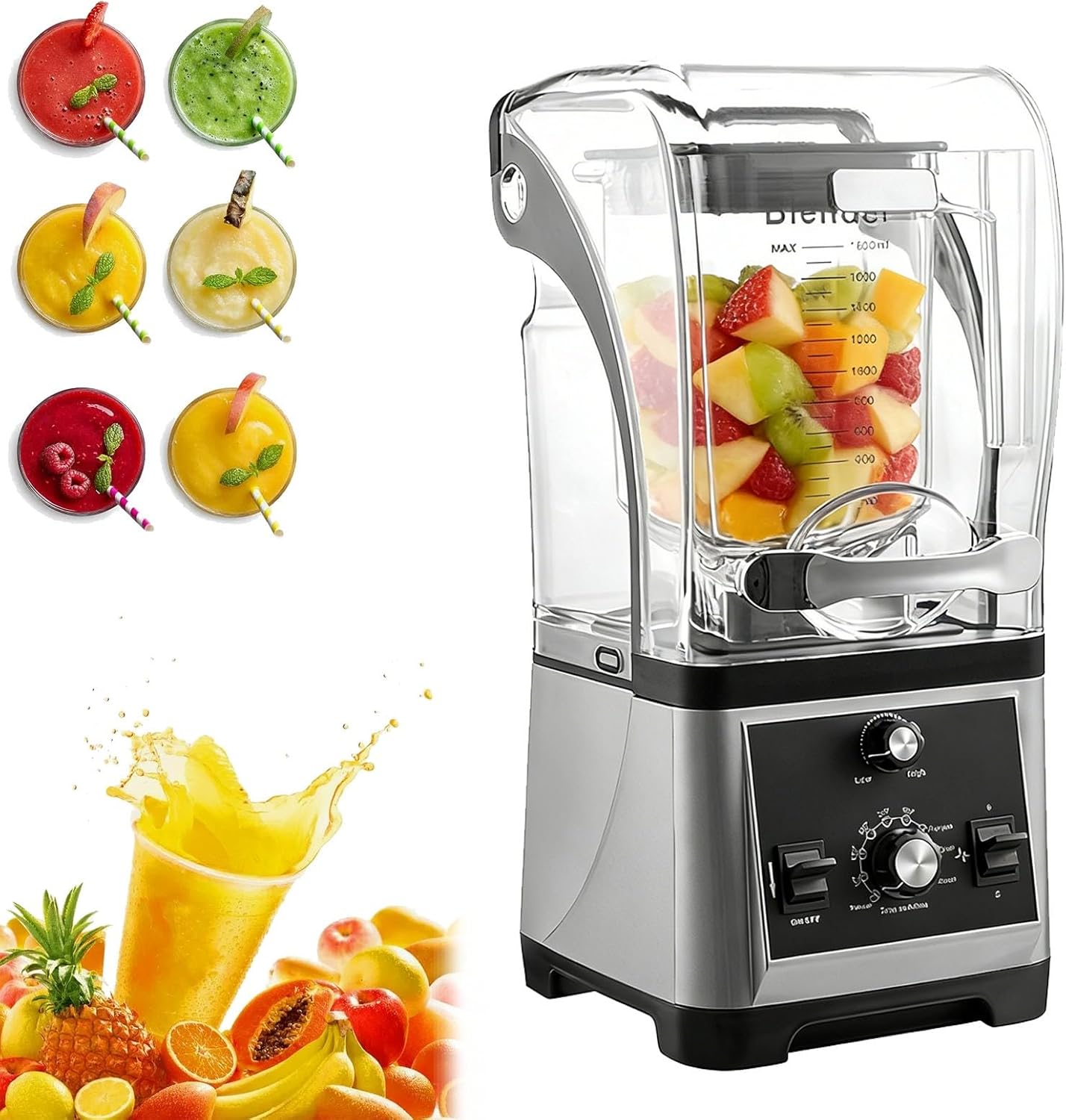 Professional Electric Blender, Silent Smoothie Maker With Cover, Countertop Professional Electric Food Machine, Six-Bladed Stainless Steel Knife for Juices and Smoothies.(Gray)