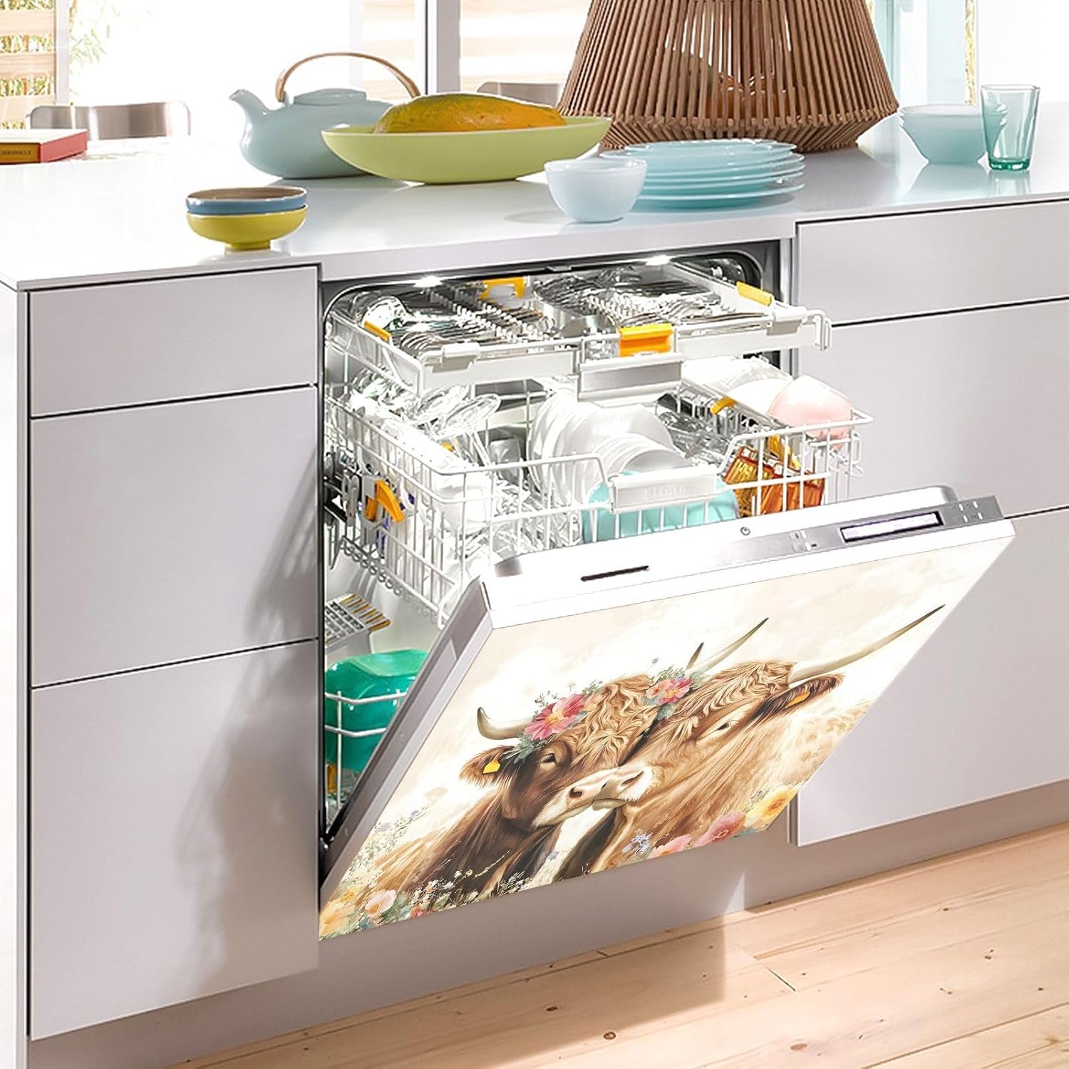Dishwasher Magnet Cover Large Magnetic Stickers Two Highland Cows in Love Front Dishwasher Cover Reusable Decal for Home Kitchen Anti-Scratch Refrigerator Decorative Lid Washing Machine Laundry 23