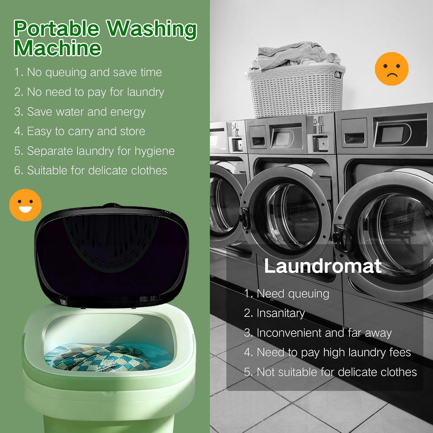 Portable Washing Machine, 15L Mini Collapsible Washer with 3 Cleaning Modes for Baby Clothes, Underwear, Small Foldable Laundry for Travel Apartment Home Dorm Hotel Camping (Green)