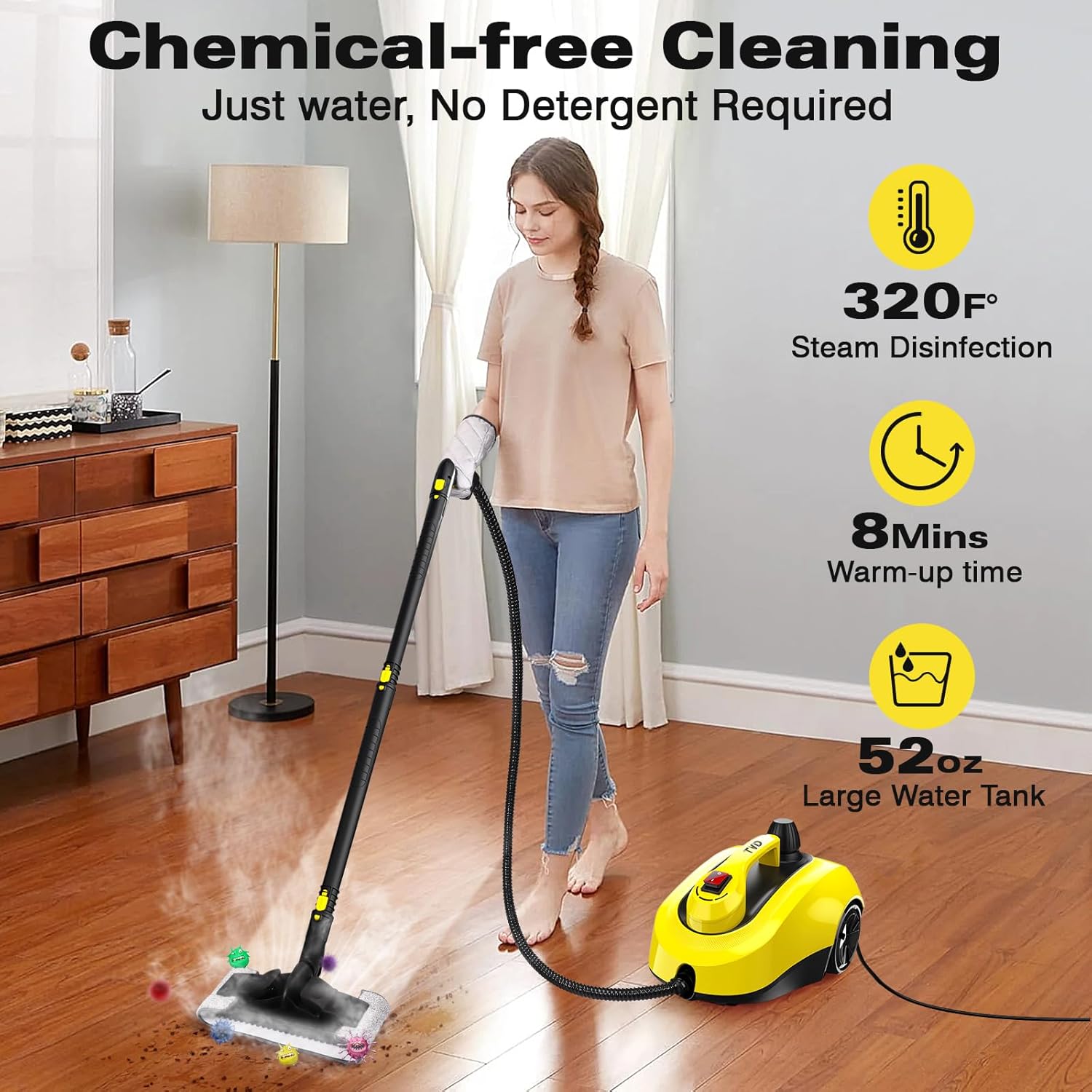 TVD Steam Cleaner, Heavy Duty Canister Steamer with 26 Accessories, Steam Mop with 5M Extra-Long Power Cord for Home Floor Cleaning, Car Detailing, Grout, Upholstery.
