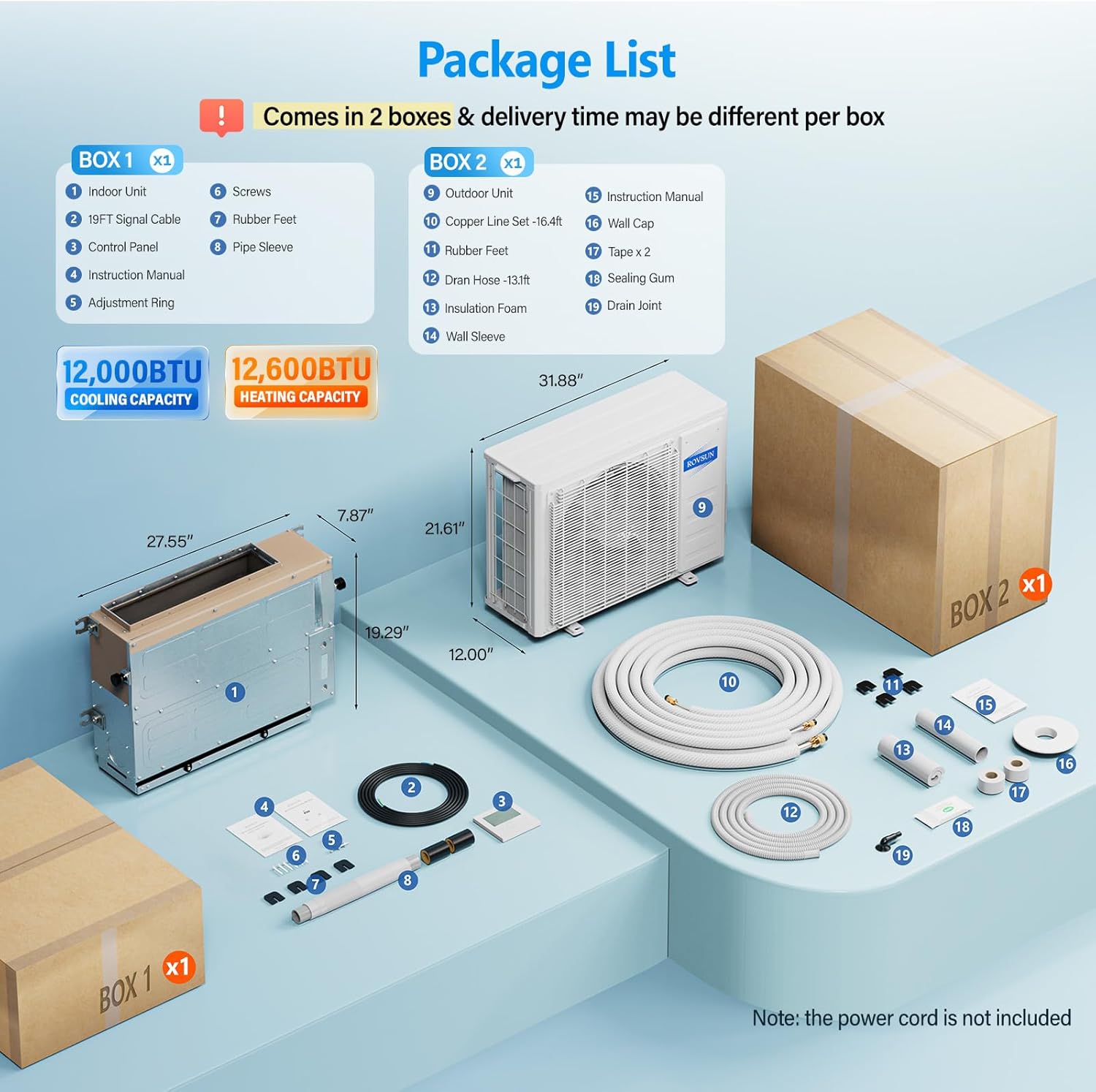 ROVSUN 12000 BTU Ducted Split Air Conditioner with Inverter & Wired Controller, 24 SEER2 Concealed Duct Mini Split AC/Heating System with Pre-Charged Condenser, Heat Pump & Installation Kit, 230V