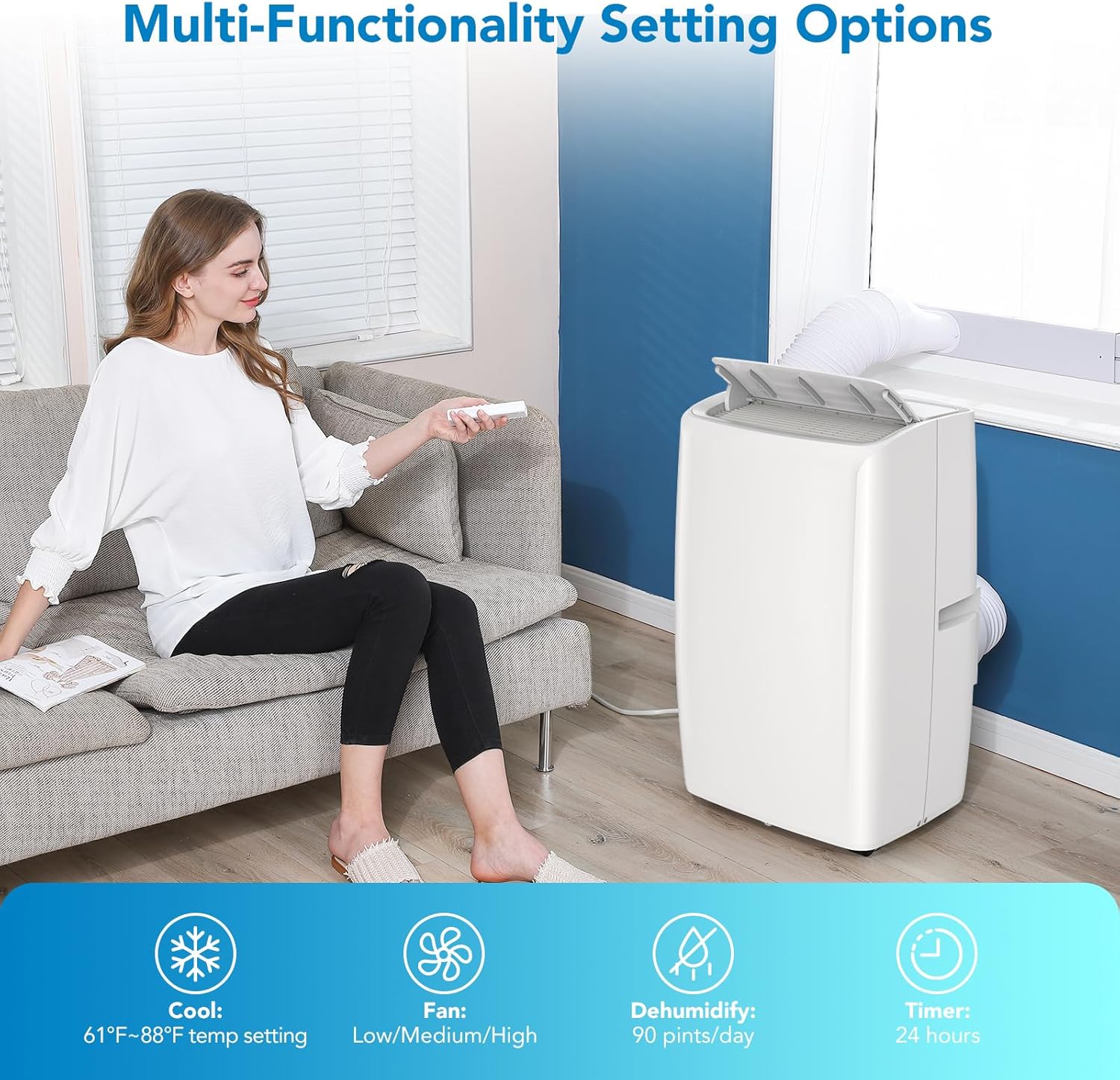 14000BTU Portable Air Conditioner - Cools Rooms Up to 700 Sq.Ft, With Dehumidifier, Fan Modes, Remote Control, 24Hrs Timer, and Moveable Whe