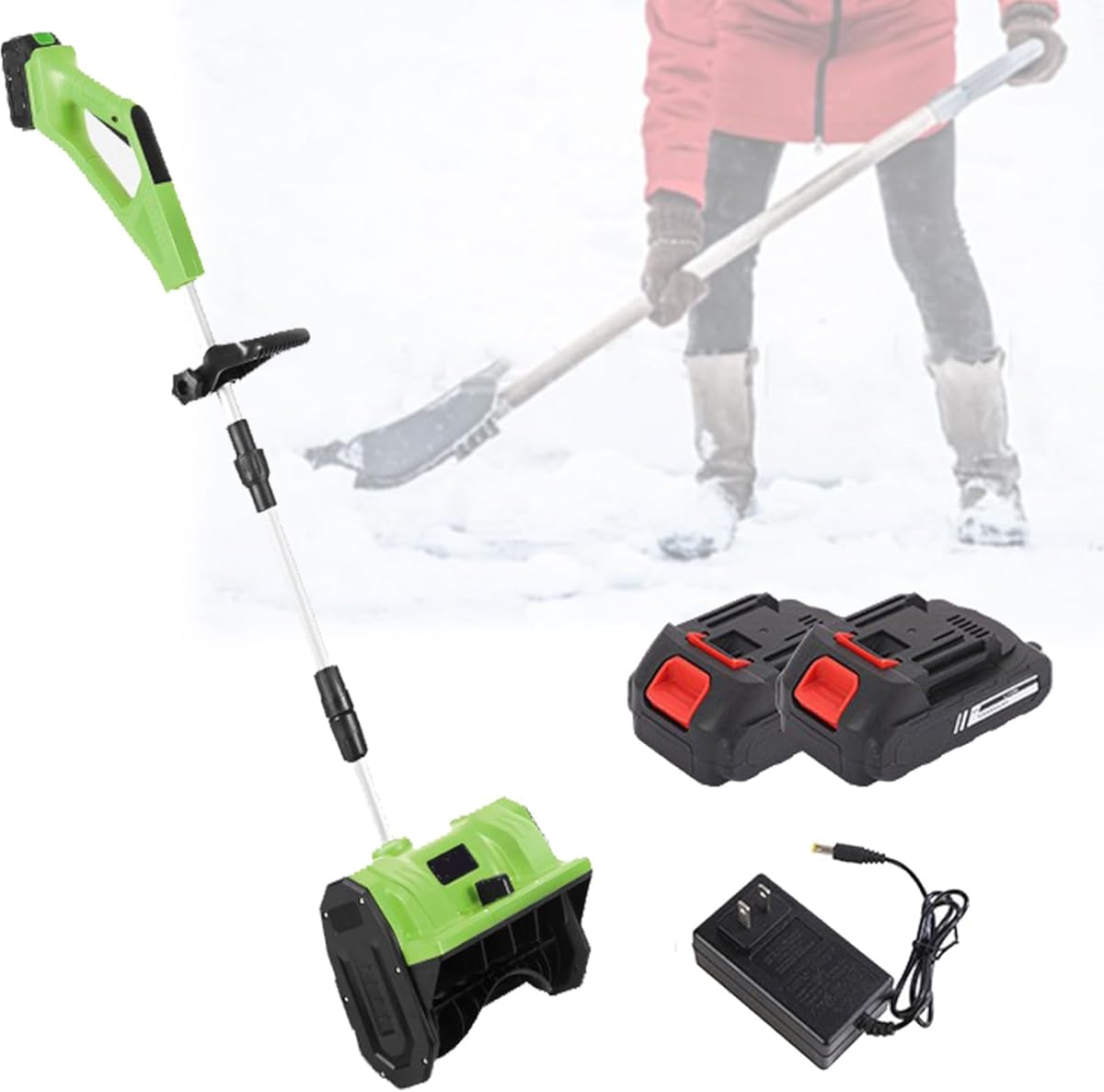 Cordless Snow Shovel, 21V Battery Powered Snow Thrower, Electric Foldable Snow Blower with Telescopic Pole, 2 Battery & Adjustable Direction for School Roads Driveways,Green