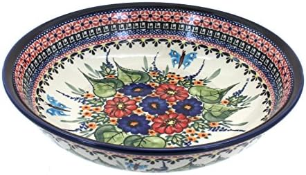 Blue Rose Polish Pottery - Red Floral Butterfly Large Salad Bowl - 9.75