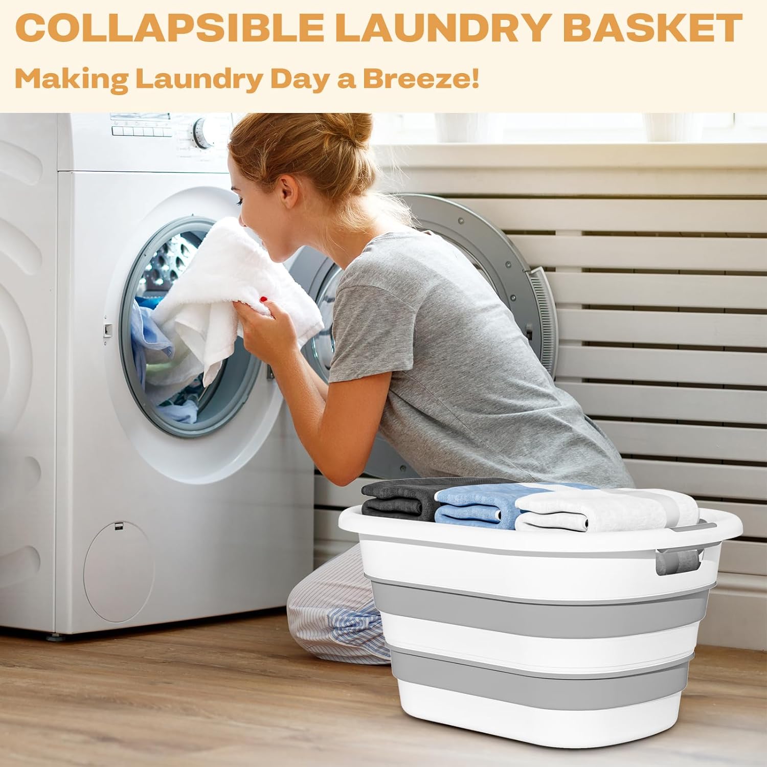 43L(11.5Gallon) Collapsible Laundry Baskets Plastic, Pop Up Laundry hamper/Storage Container, Foldable Laundry Basket with Large Capacity,Sturdy,Space Saver (Grey, 2 Packs)