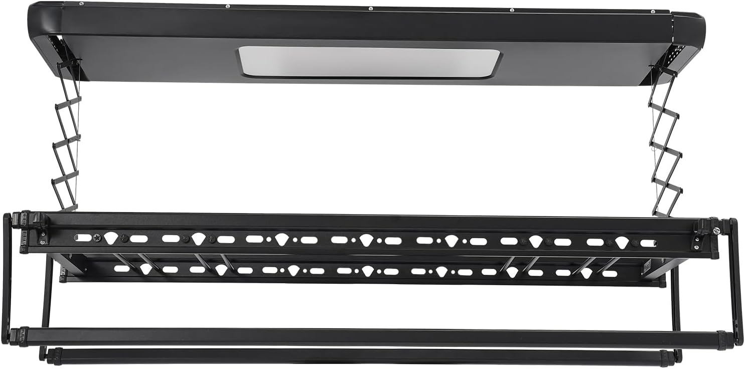 Electric Clothes Airing Rack,Adjustable Ceiling Mounted Smart Control Clothes Airing Rack w/ LED Lighting & 2 Retractable Rods,Vertical Laundry Clothesline w/ 8 Horizontal Rods for Balcony (Black)