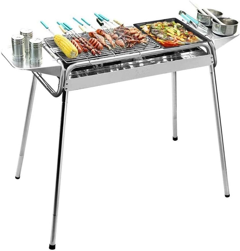 BBQ Grill Outdoor Barbecue Home Kitchen Picnic Thick Stainless Steel Charcoal Barbecue with Wild Folding Picnic Shelf