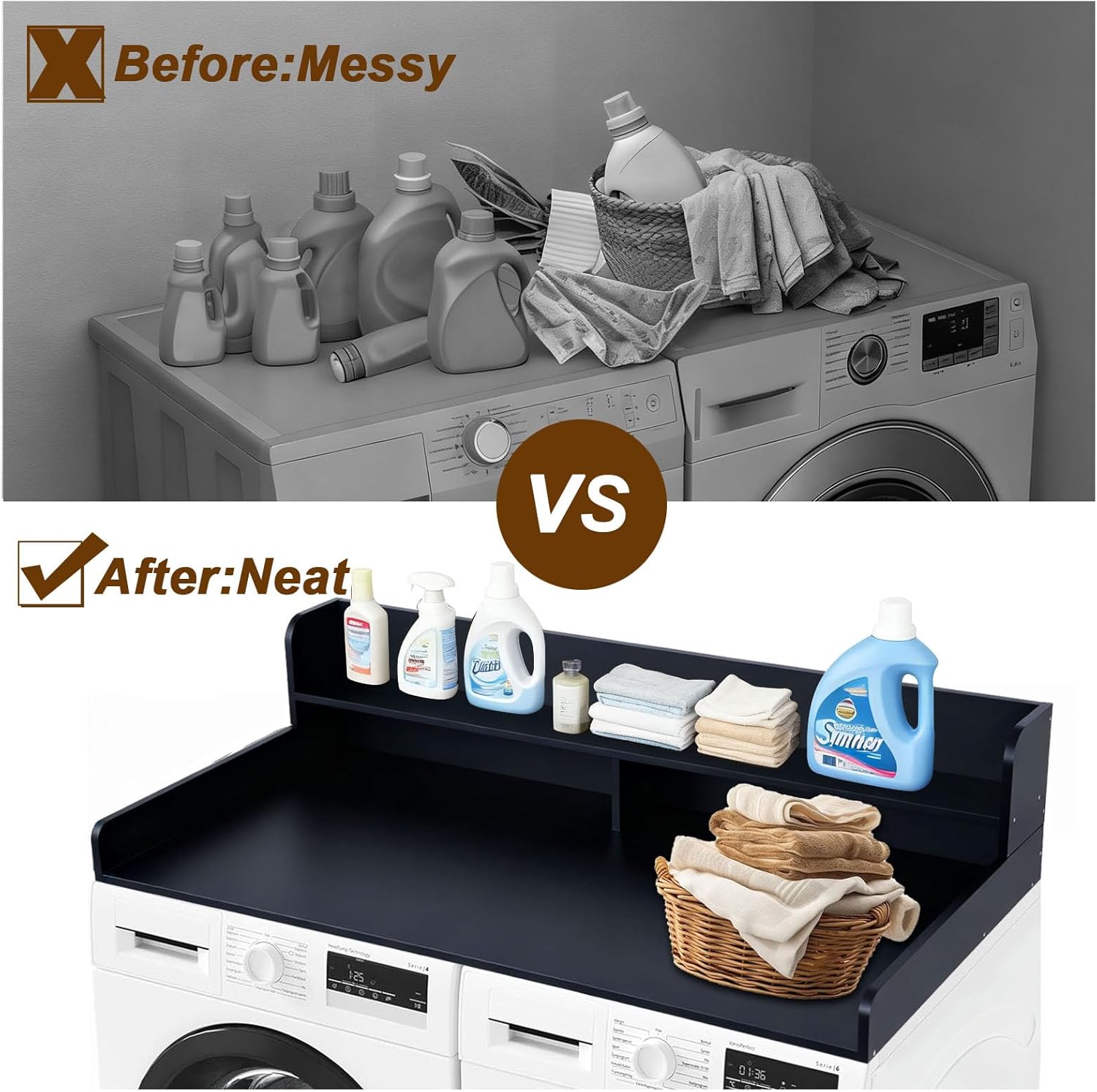 2-Tier Washer Dryer Countertop Washing Machine and Dryer toppe Wood Washer Dryer Counter with Shelf Laundry Countertops with Non-Slip Mat,for Folding Clothes,Black,L54×W27.5×H12