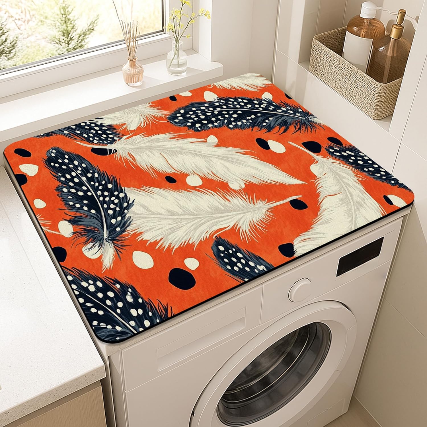 Feather Washer Dryer Top Protector Mat, Bohemian Modern Abstract Laundry Machine Dust Covers, Stylish Rubber Anti-slip Waterproof Washer And Dryer Mats for Laundry Room 20x24 Inch