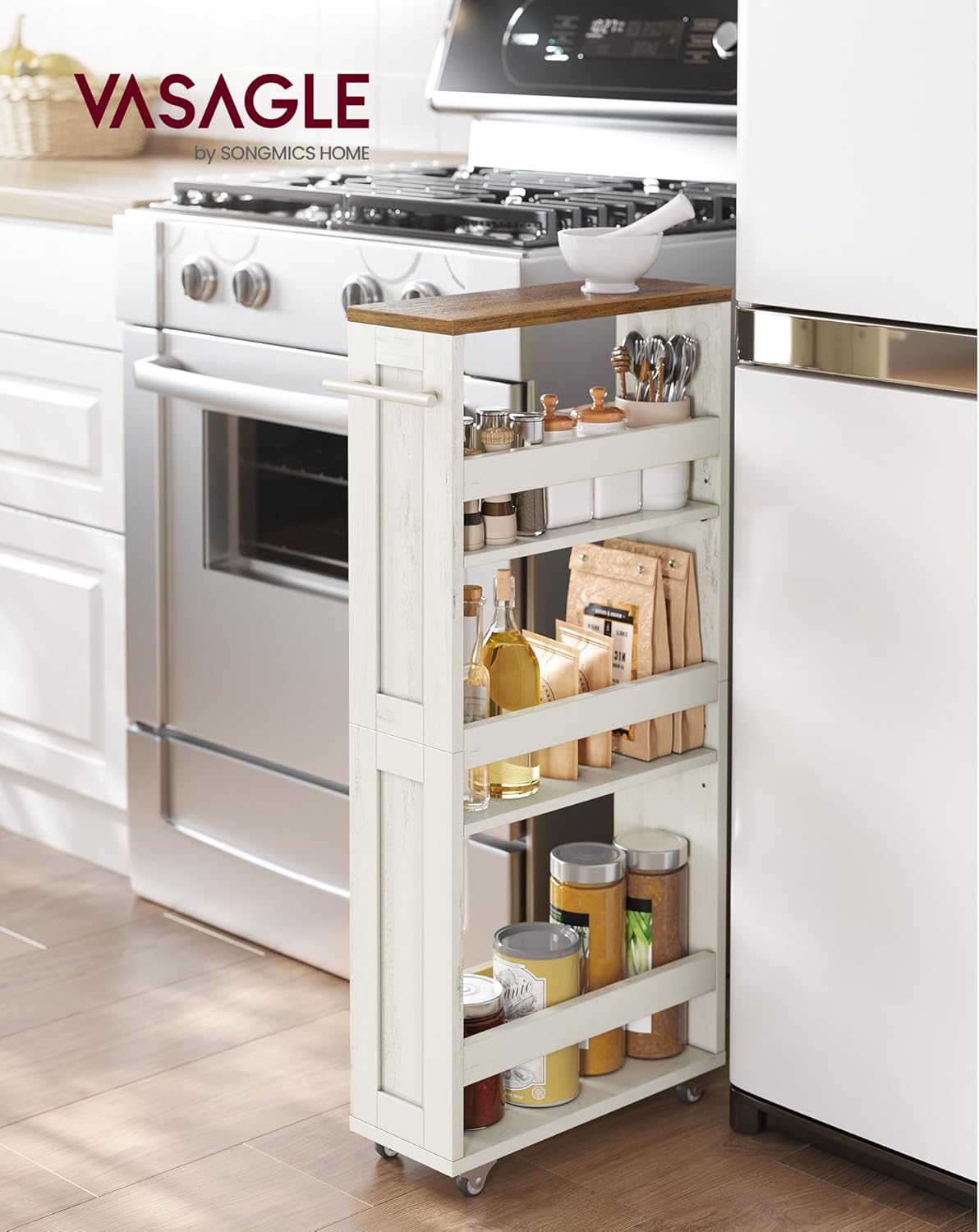 VASAGLE 4-Tier Slide-Out Storage Cart, Slim Kitchen Cart for Small Spaces, with Wheels, Handle, Bathroom, Laundry Room, 5.9 x 17 x 34.1 Inches, Rustic White and Honey Brown ULRC050K01