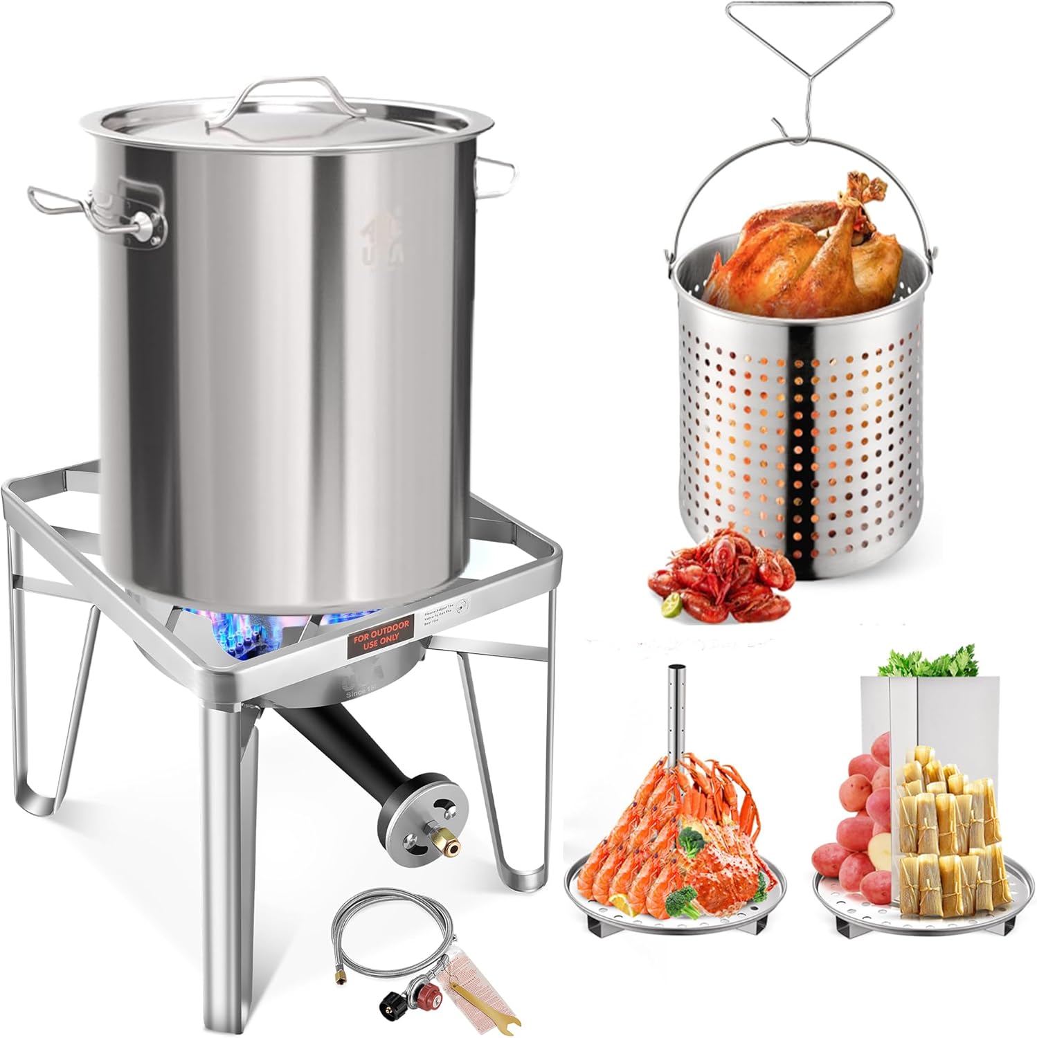 ARC 32QT Stainless Steel Pot with 200,000BTU Propane Fryer, Seafood Boil Pot, Crab Boil Pot, Lobster Pot, Shrimp Boil Pot, Tamale Steamer Pot with Basket and Turkey Fryer Burner