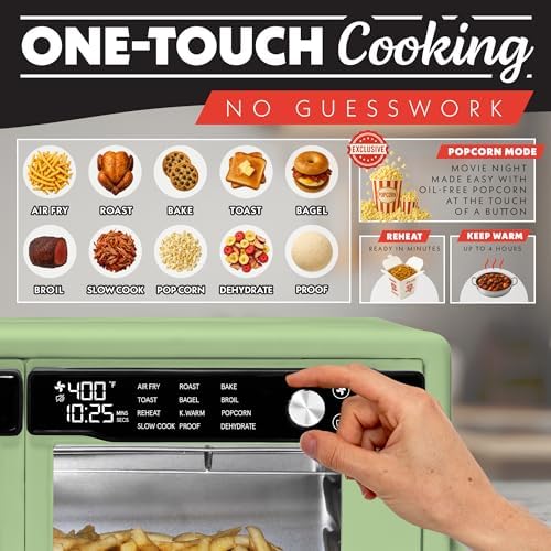 Gourmia French Door Air Fryer Oven - 37 Qt Large Capacity Convection Toaster Oven, FryForce 360°, Digital Display, 12 Cooking Presets, Dehydrate, Fits 13” Pizza, Dishwasher-Safe, Green