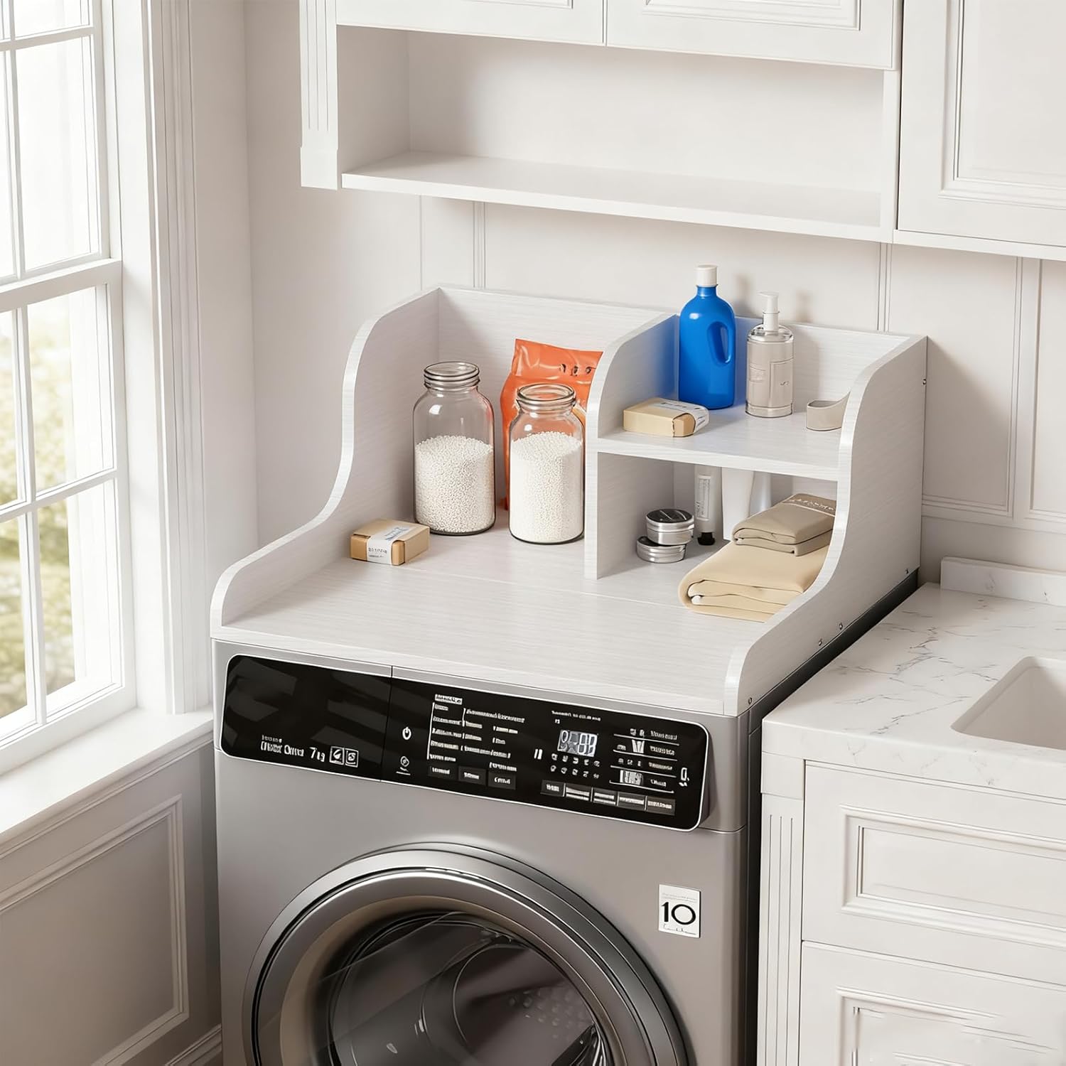 Washer Dryer Countertop, Wooden Laundry Counter, with Edge Rails for Laundry Room Storage and Organization