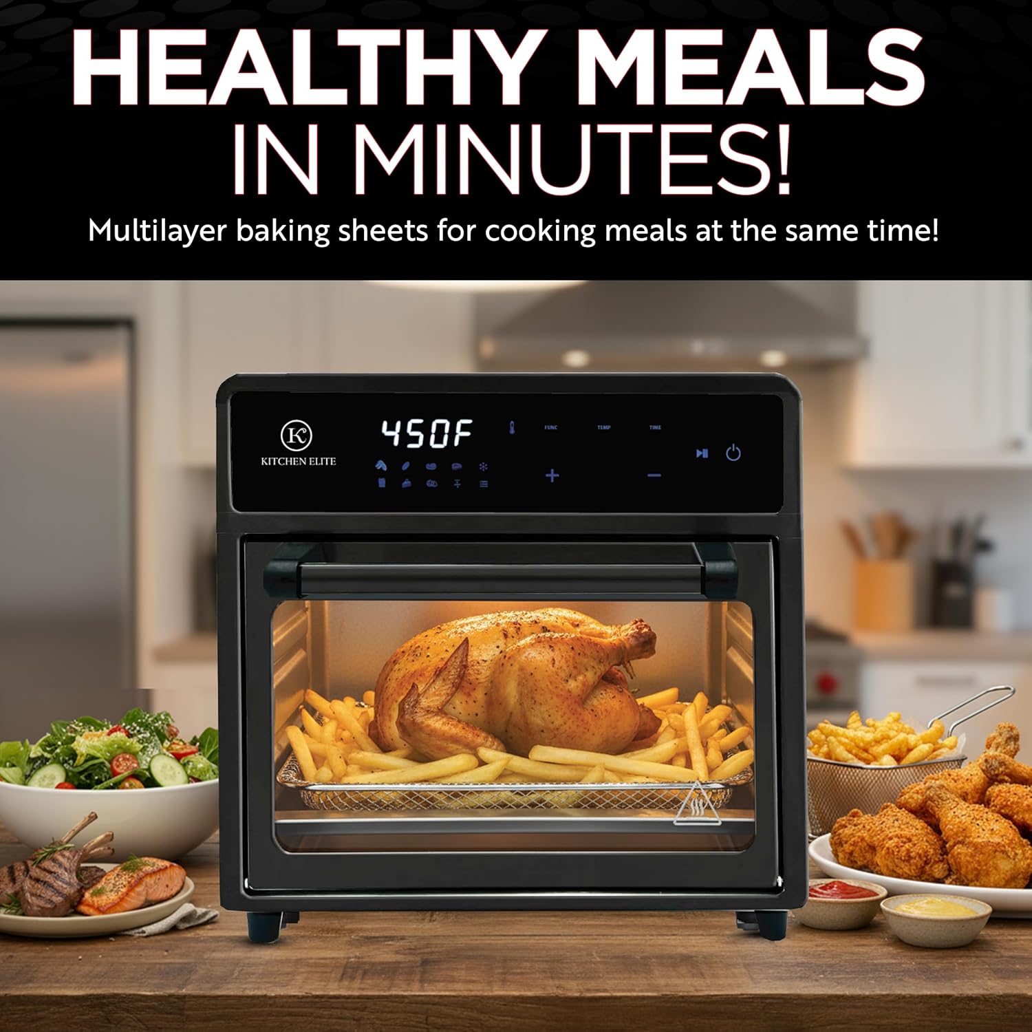 Kitchen Elite Air Fryer Toaster Oven Combo,10-in-1 12.6QT Compact Countertop Oven,9 Touch Screen Presets & 1 DIY Function,Easy Digital Controls,4 Accessories Included (Black)