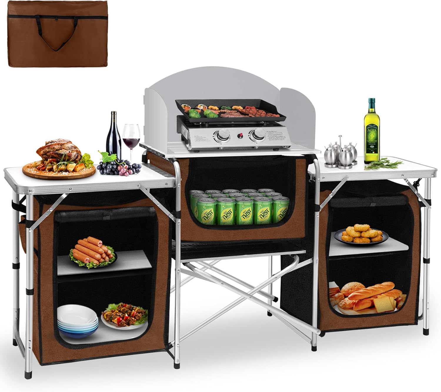 Seeutek Camping Kitchen Table, Aluminum Portable Outdoor Cooking Table, Foldable Camp Table with Windscreen and 3 Storage Cupboards Multifunctional for BBQ, Party, Picnics & Outdoor Brown