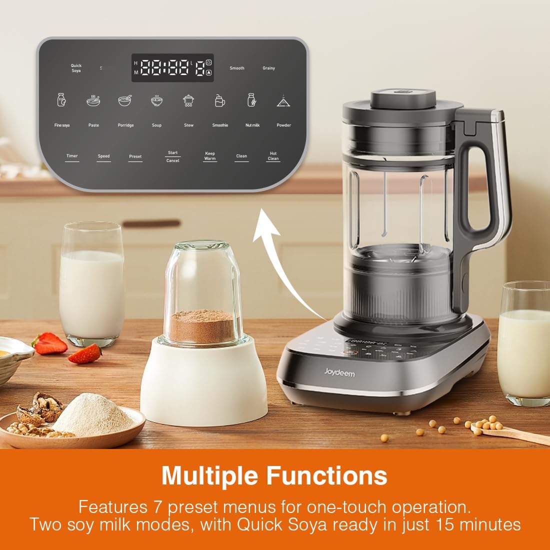 Joydeem Soymilk Maker Machine, Heated Blender with Grind Cup, Low Noise Variable Frequency Brushless Motor, 1.75L Capacity, Black, JD-B1Pro