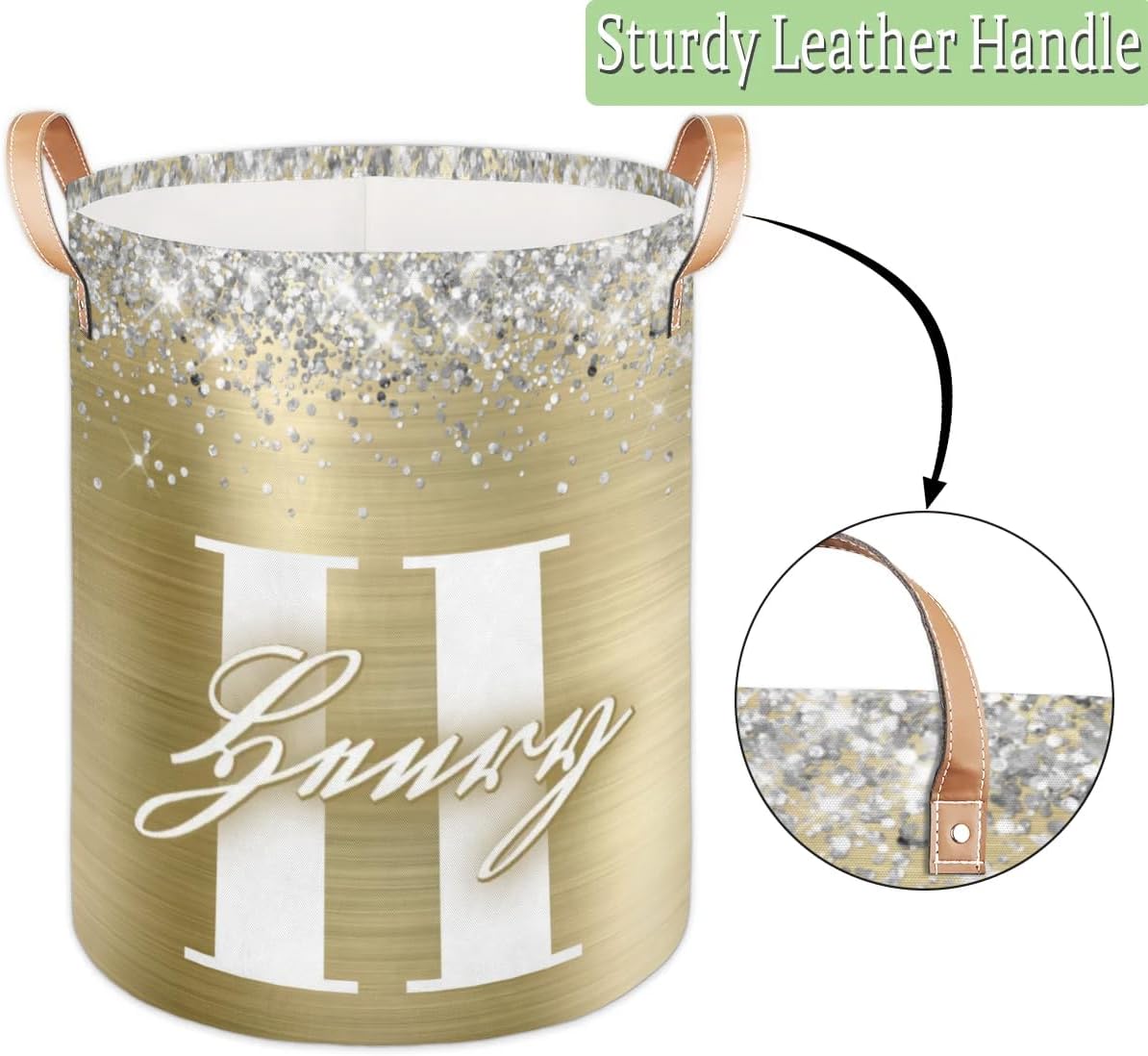 Custom Letter Collapsible Laundry Basket for Dirty Clothes, Large Laundry Hamper with Leather Handle Lightweight Gold Foil