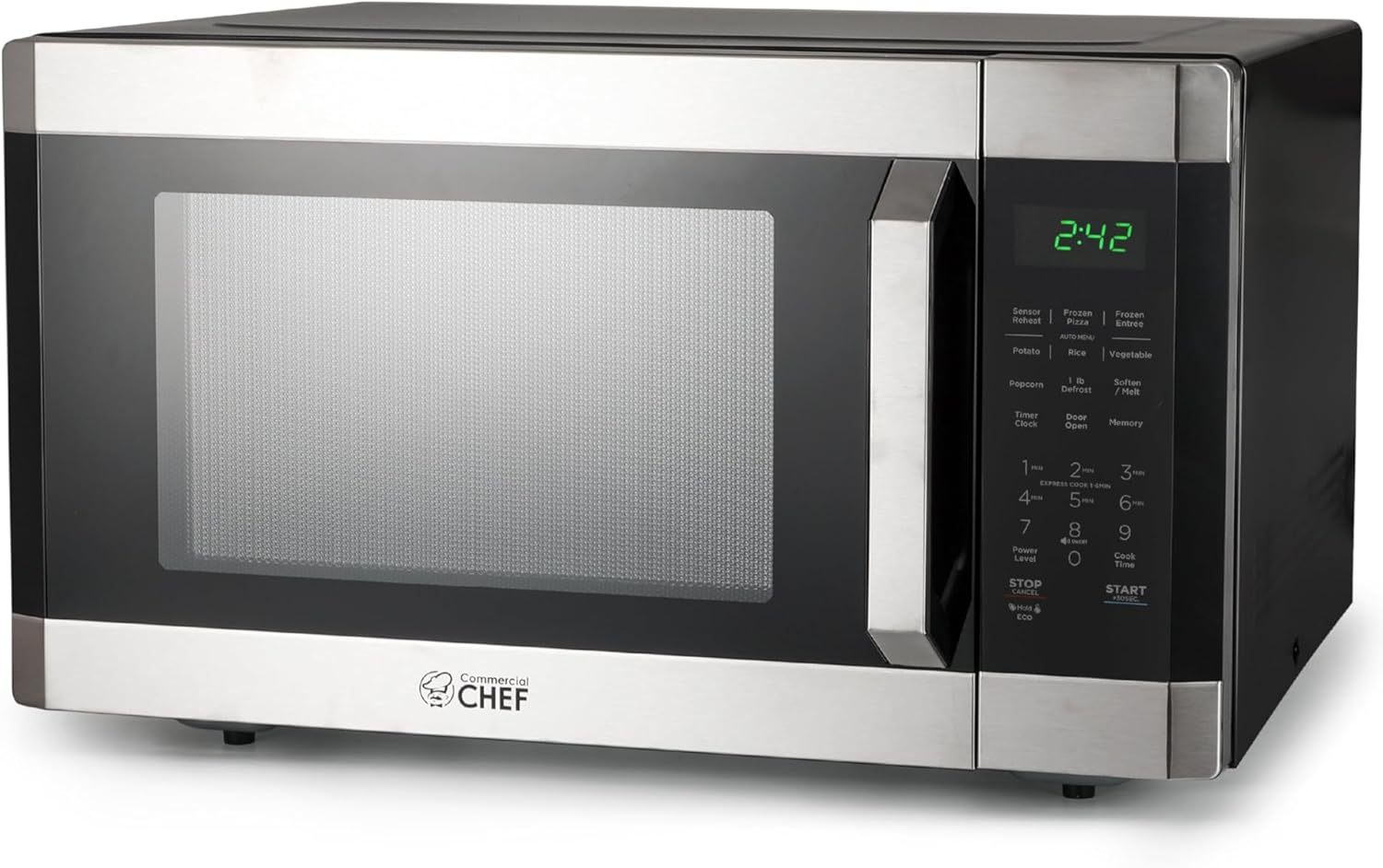 COMMERCIAL CHEF 1.6 Cubic Foot Microwave with 10 Power Levels, Small Microwave with Pull Handle Child Safety Lock, 1100 Watt Microwave with Digital Control Panels,Stainless Steel
