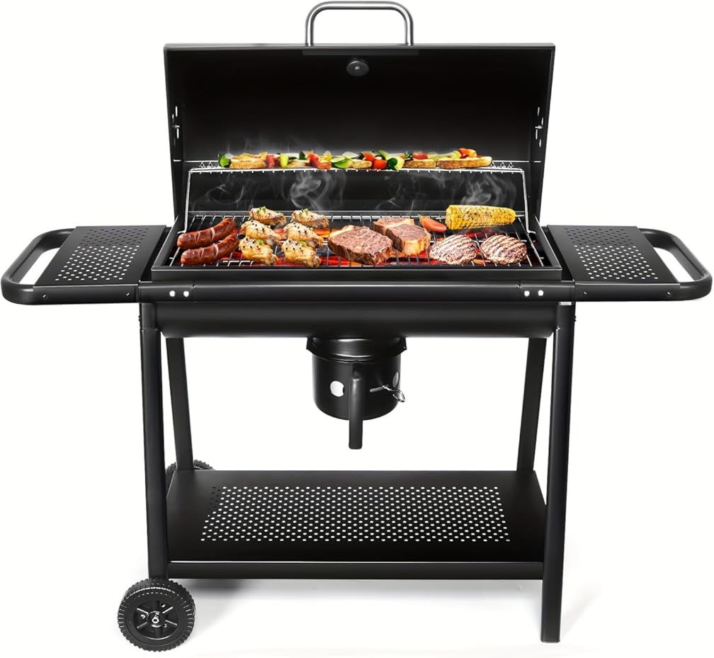 Large Heavy-Duty Offset Smoker Grill with Thermometer - 400-800 Sq In Charcoal BBQ Pit, Dual Cooking Chambers & Warming Rack, Portable Outdoor BBQ Grill for Backyard, Camping, Picnic - Carbon (3)