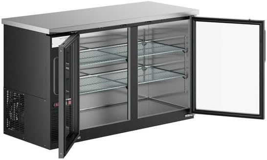 UBB-2G-HC 59-Inch Black Commercial Back Bar Refrigerator, Glass Door, LED Lighting, Counter Height, Stainless Steel Top, 2-Door Beverage Cooler