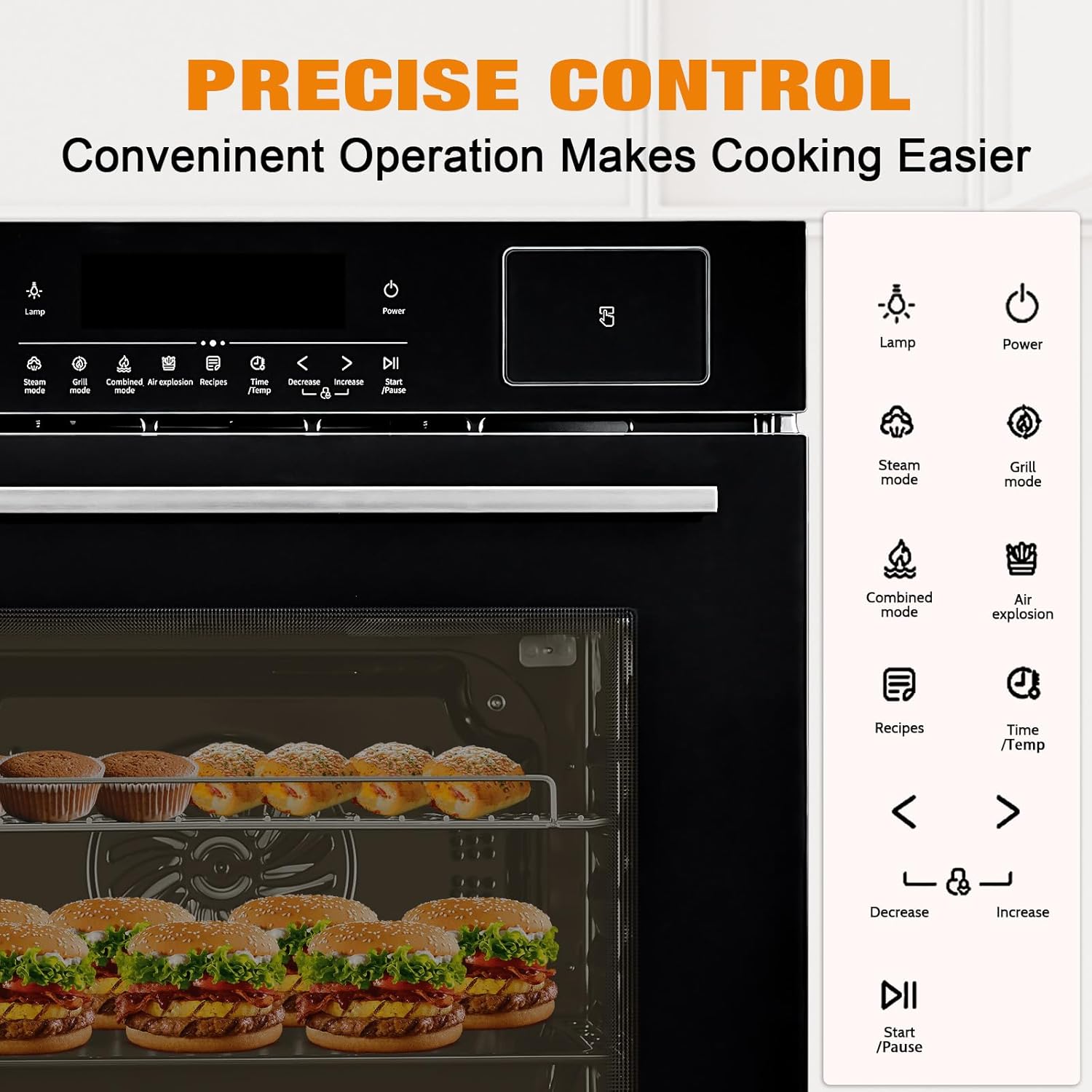 24 in Electric Single Wall Oven, 2.5Cu.ft Built-in Electric Convection Oven, 8 Baking Modes, with Air Frying Function, 3000 w, 3D Surround Heating with Double-Layered Glass Door, Timer, Touch Control