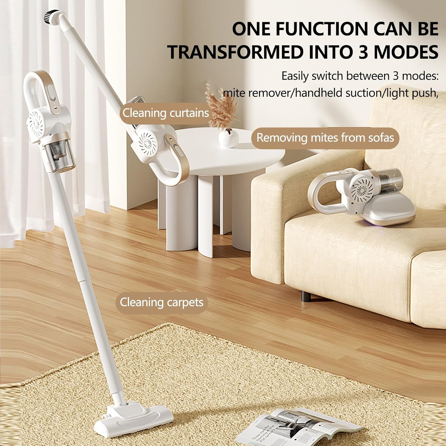 Home Cordless Vacuum Cleaner, 8500Pa Vacuum Cleaners for Home, 260ml Dust Cup, Anti-Tangle Stick Vacuum Self-Standing, 3 Modes Vacuum Cordless Rechargeable for Pet Hair/Carpet (White)