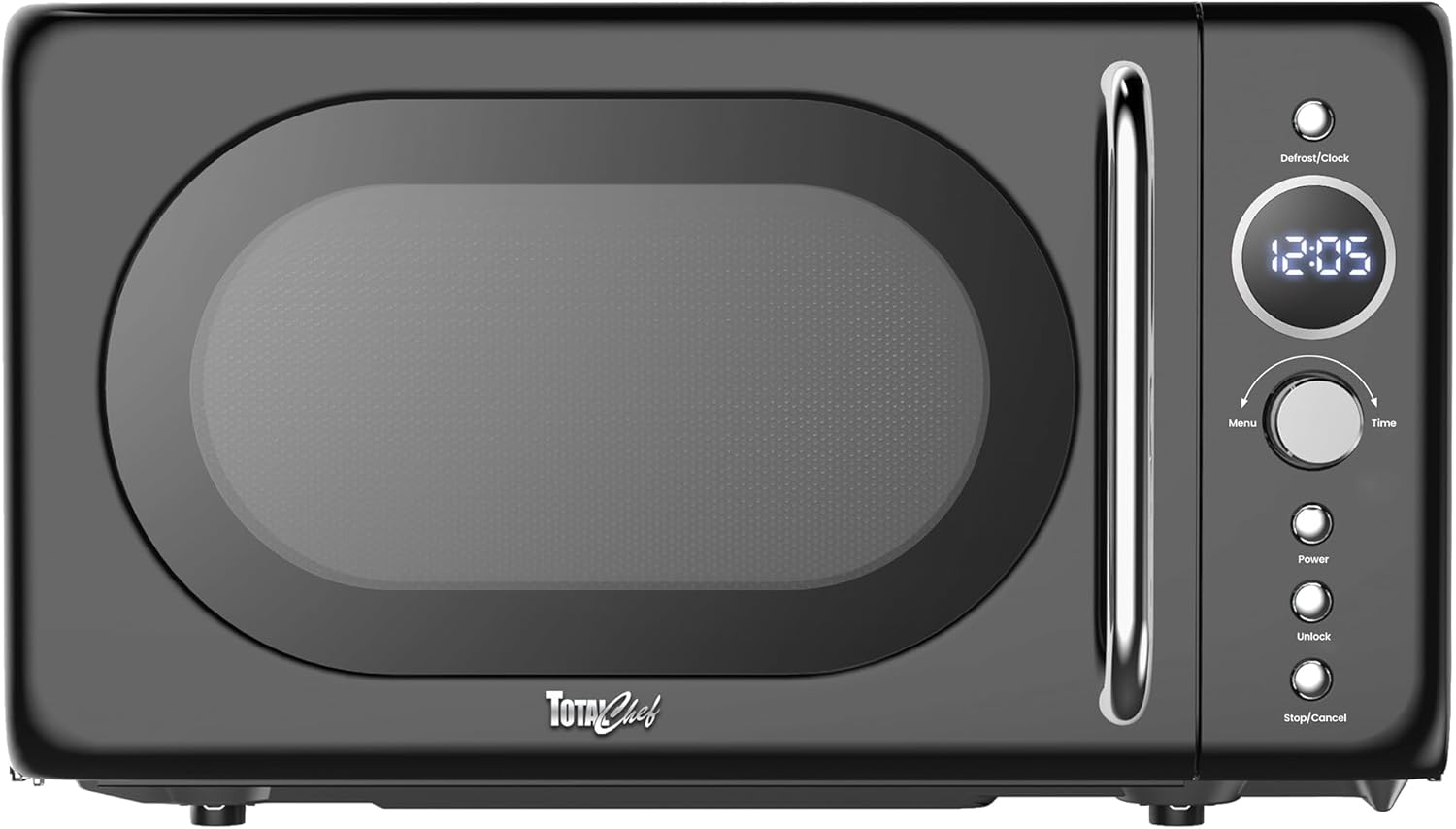 Total Chef Retro Microwave Oven | 20L / 0.7 Cu Ft | Quick Start & Defrost By Weight/Time | 8 Pre-set Cooking Modes For Coffee, Rice, Pasta, Potato, Reheat, Fish, Pizza, Popcorn | 700W | Black