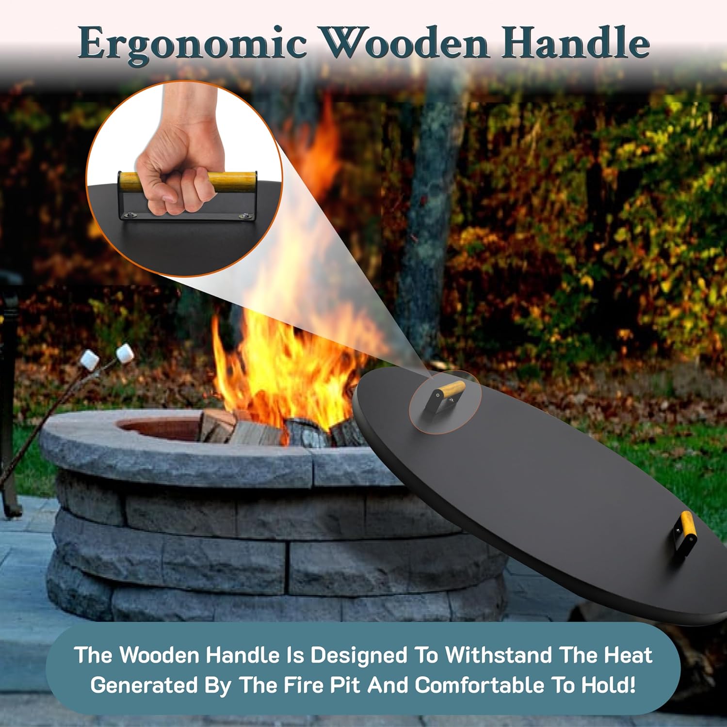 28” firepit lid round for inside up to 26” gas fire pit lid for Outdoor Fireplace Cover Lid Steel fire pit metal cover W/ 2 Wooden Handles & Powder Coated Snuffer Lid for Round Patio Fire Pit Ring